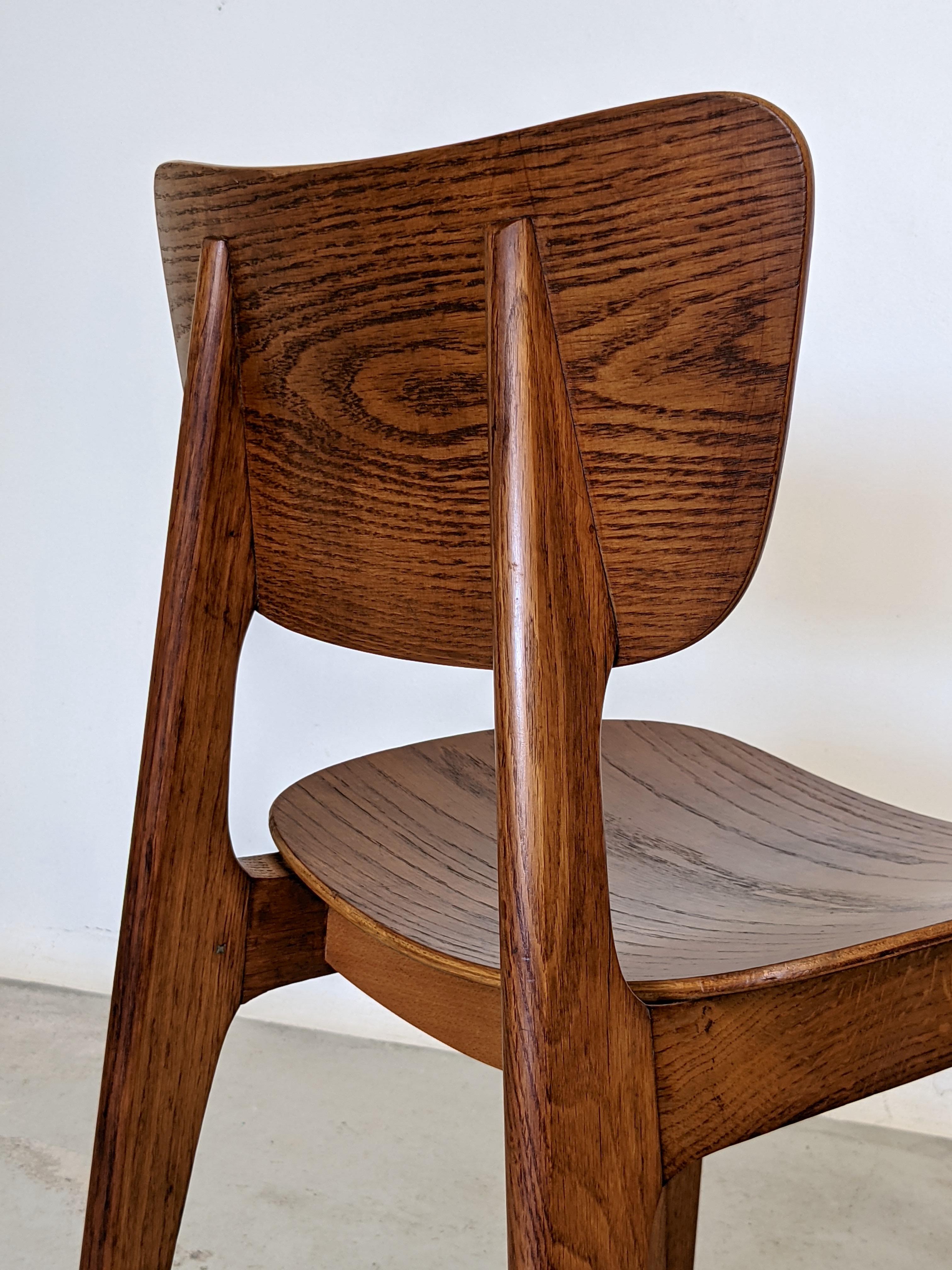 Mid Century Set of Six Oak Wood Dining Chairs by Roger Landault, France, 1950s 11