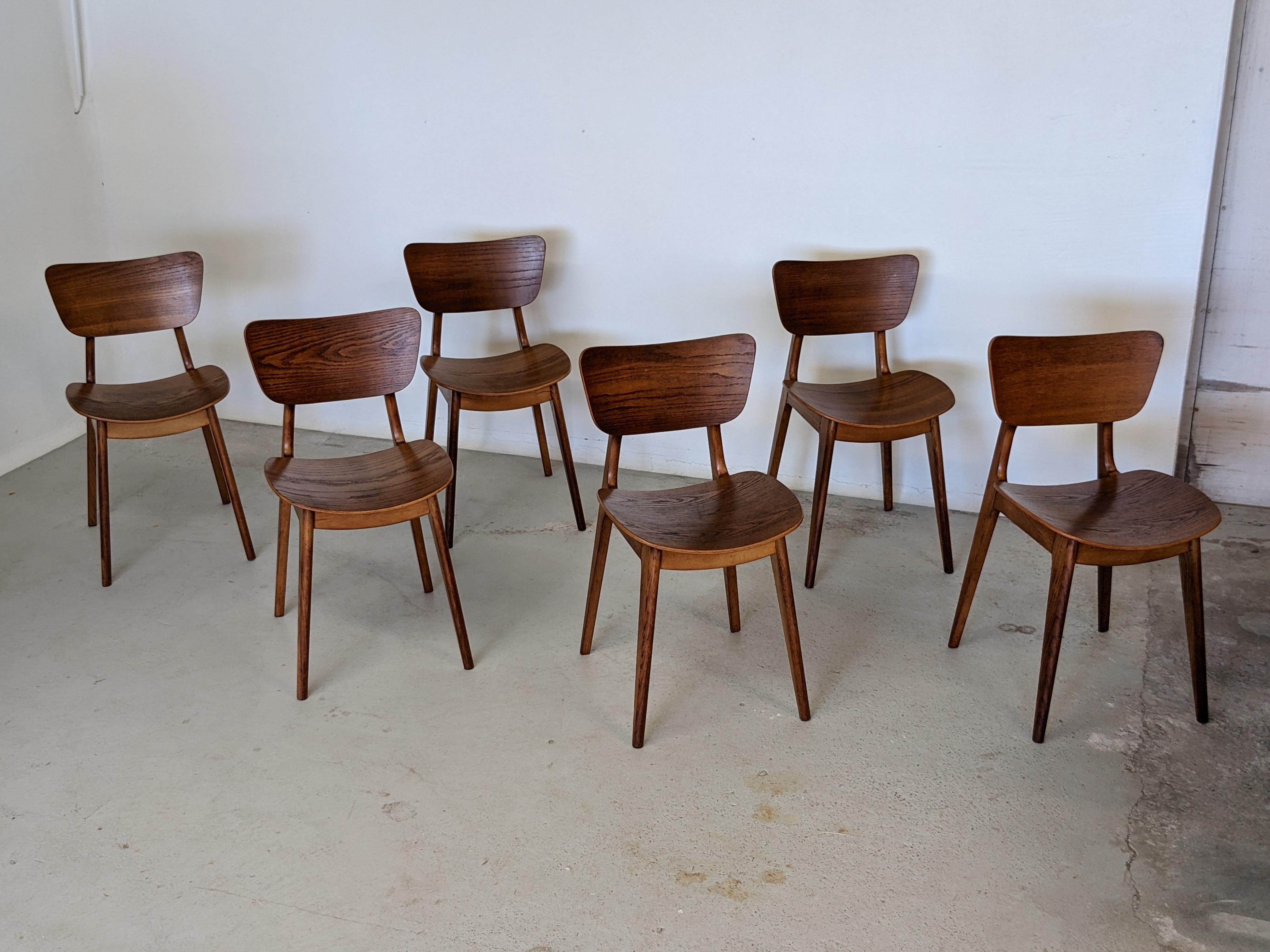French Mid Century Set of Six Oak Wood Dining Chairs by Roger Landault, France, 1950s