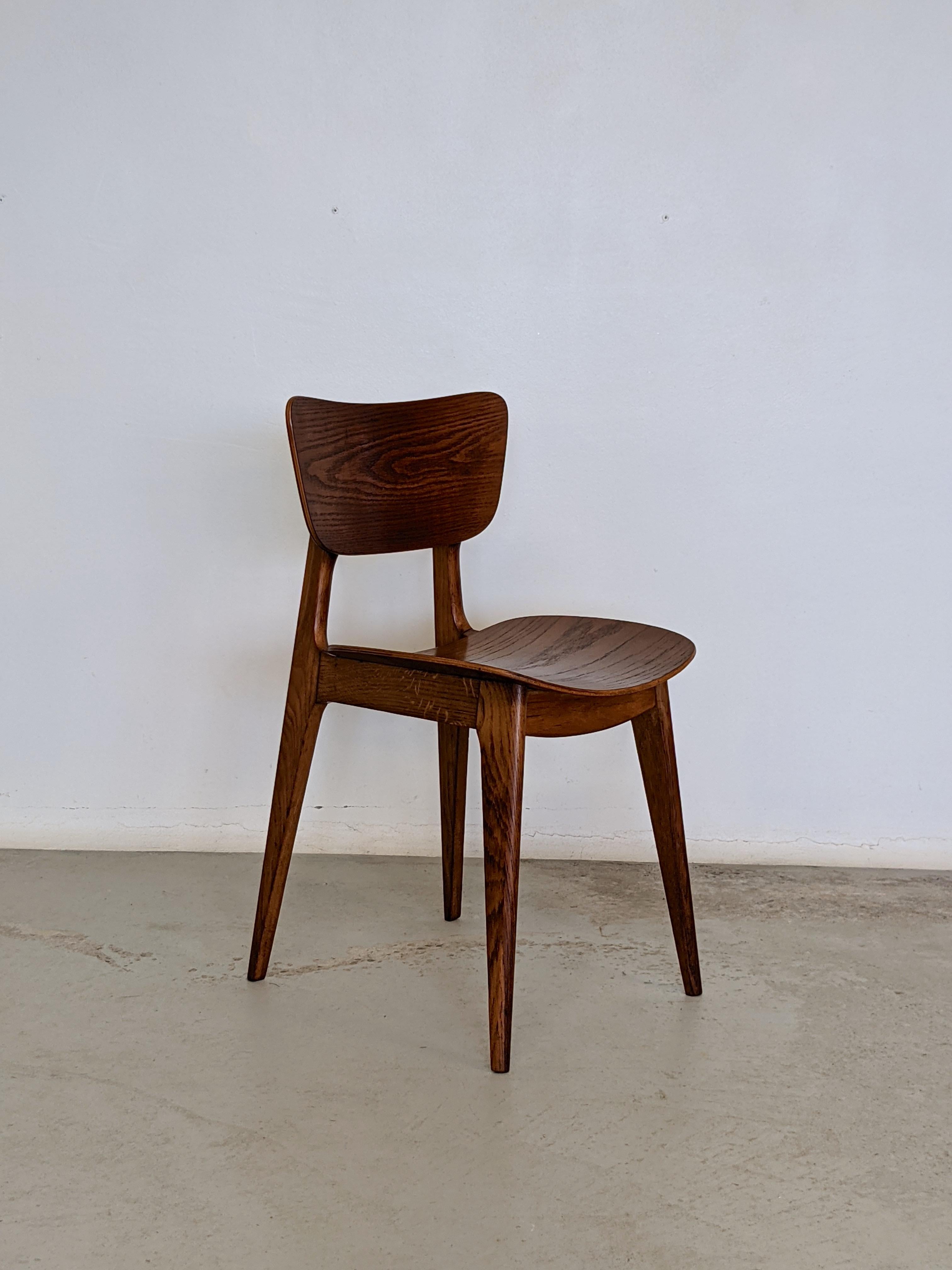 Mid Century Set of Six Oak Wood Dining Chairs by Roger Landault, France, 1950s 2