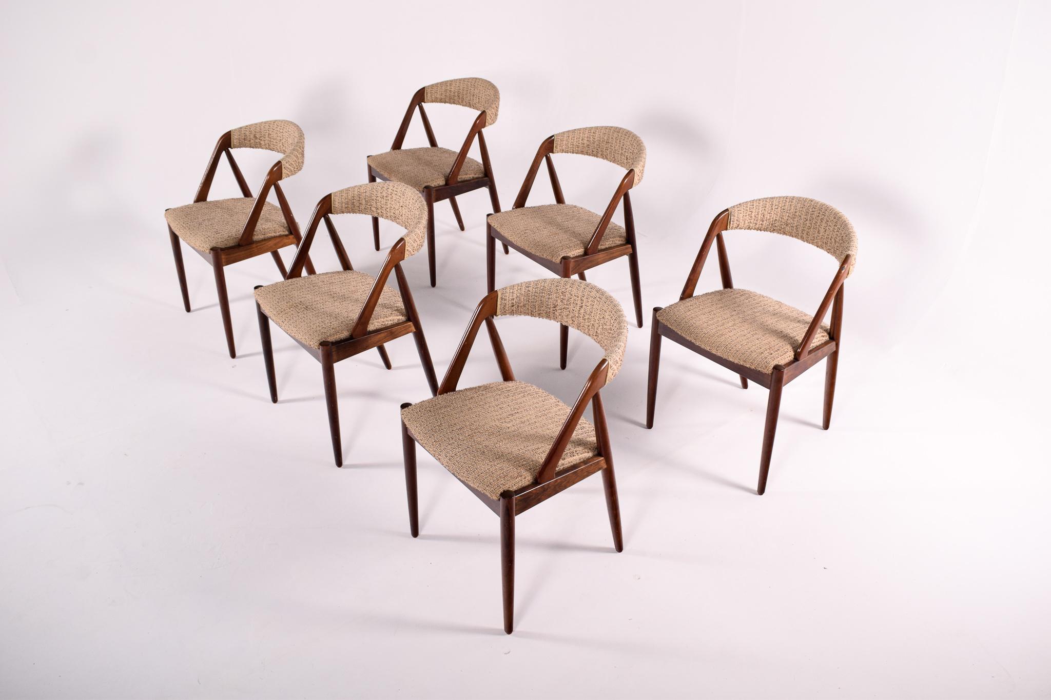 Danish Mid Century Set of Six Rosewood and Fabric Dining Chairs by Kai Kristiansen