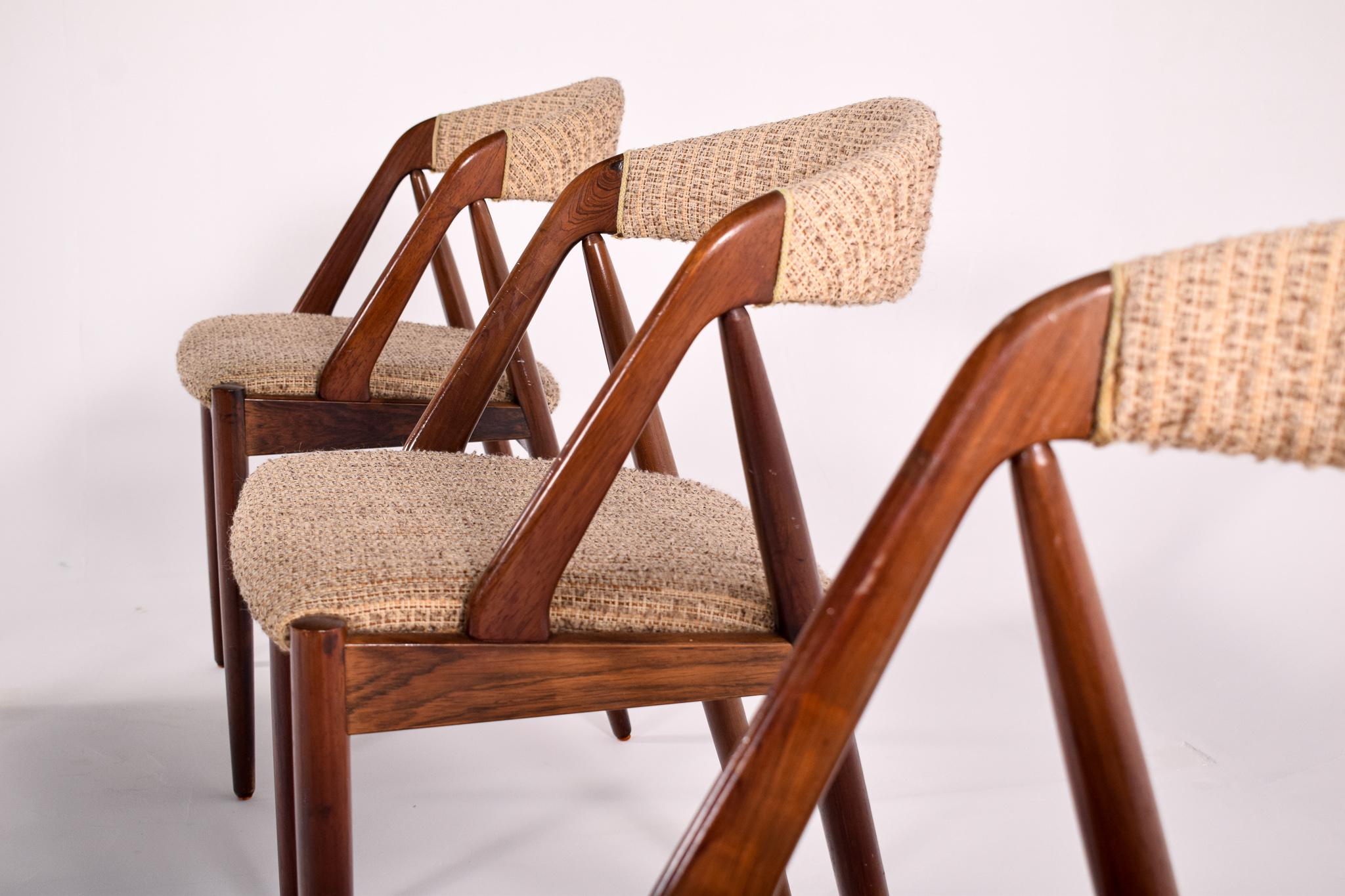 Mid Century Set of Six Rosewood and Fabric Dining Chairs by Kai Kristiansen 1