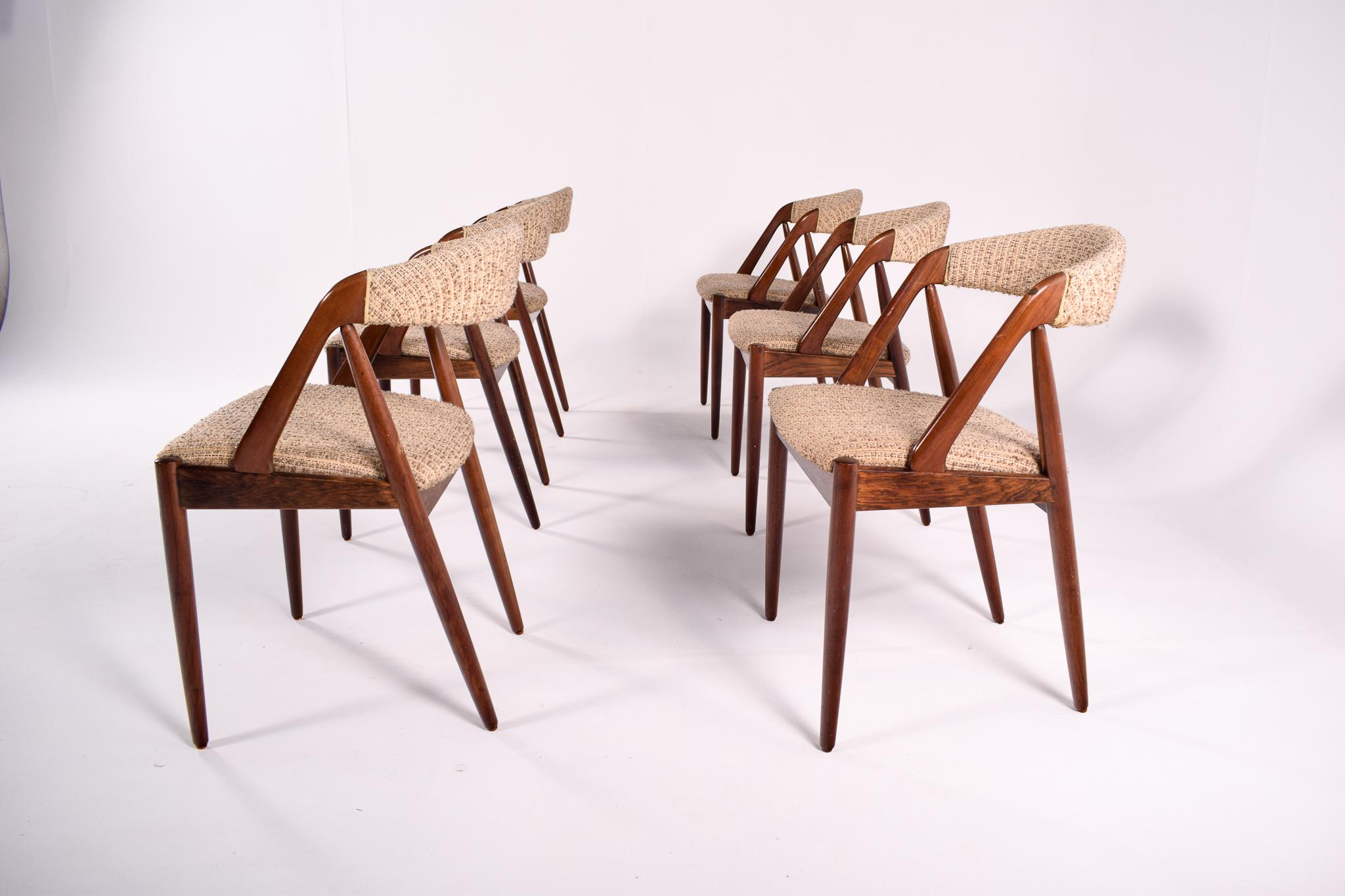 Mid Century Set of Six Rosewood and Fabric Dining Chairs by Kai Kristiansen 2