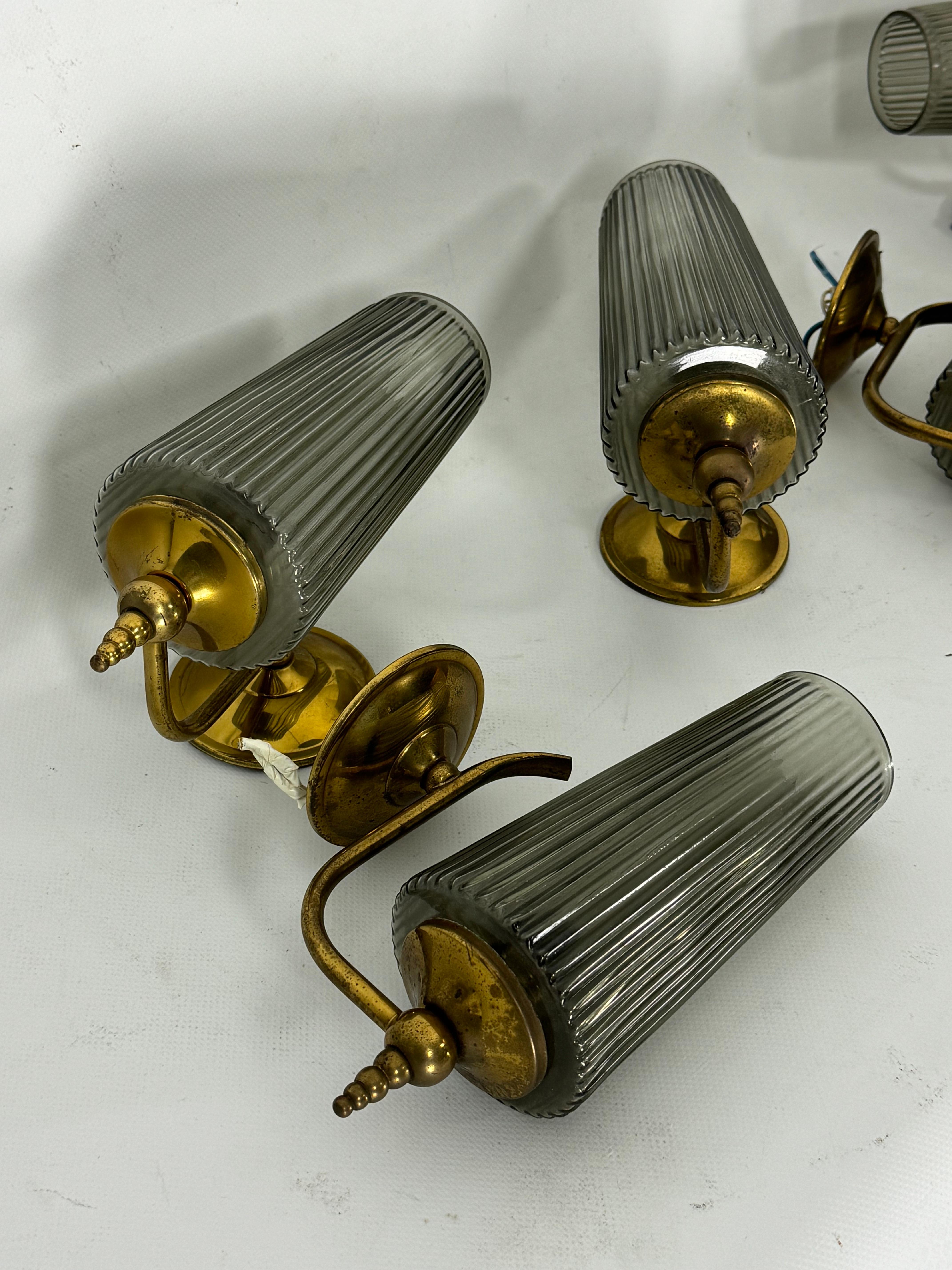Mid-Century Set of six sconces in brass and fume glass. Italy 1950s For Sale 4