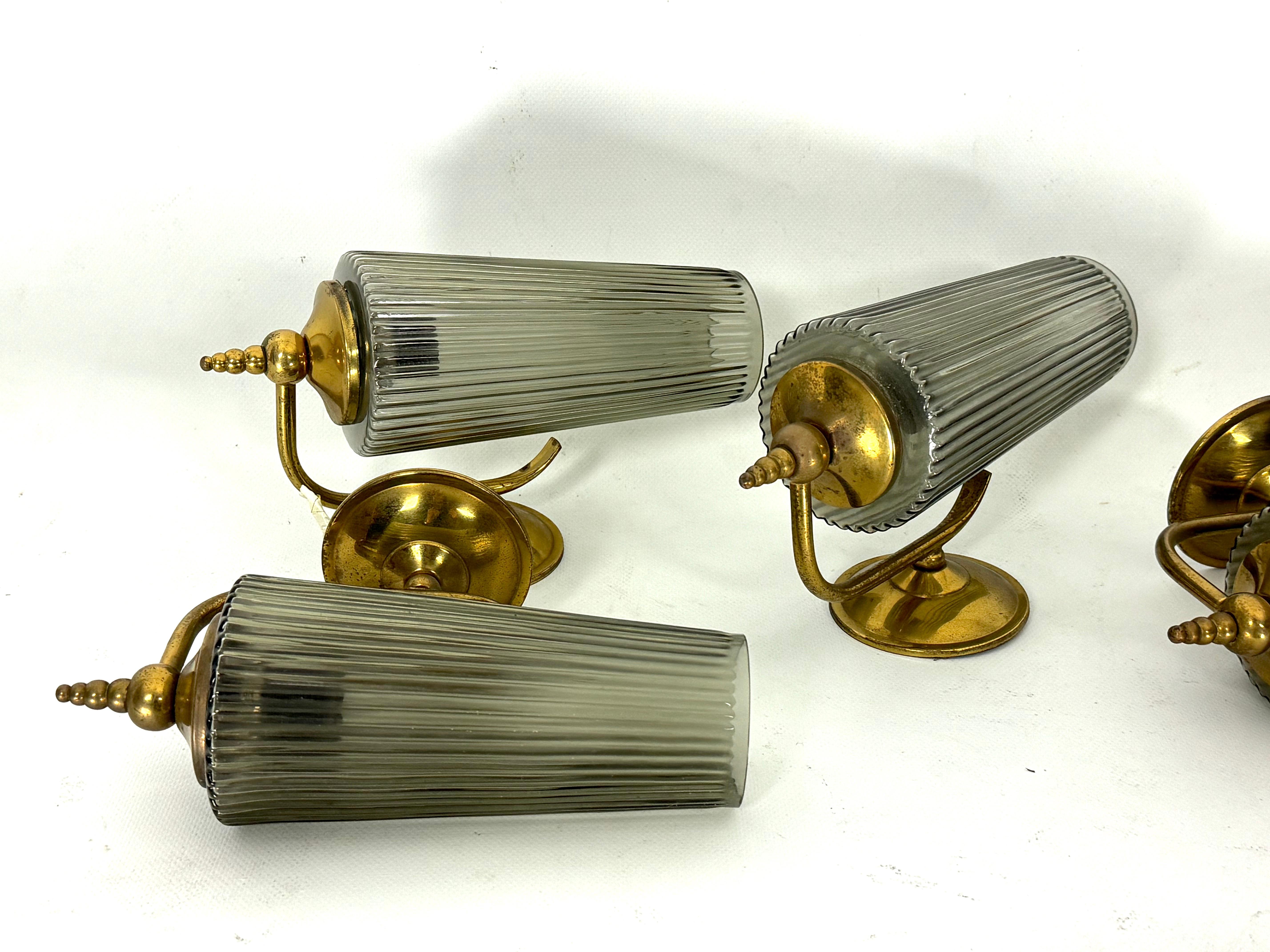 Mid-Century Modern Mid-Century Set of six sconces in brass and fume glass. Italy 1950s For Sale