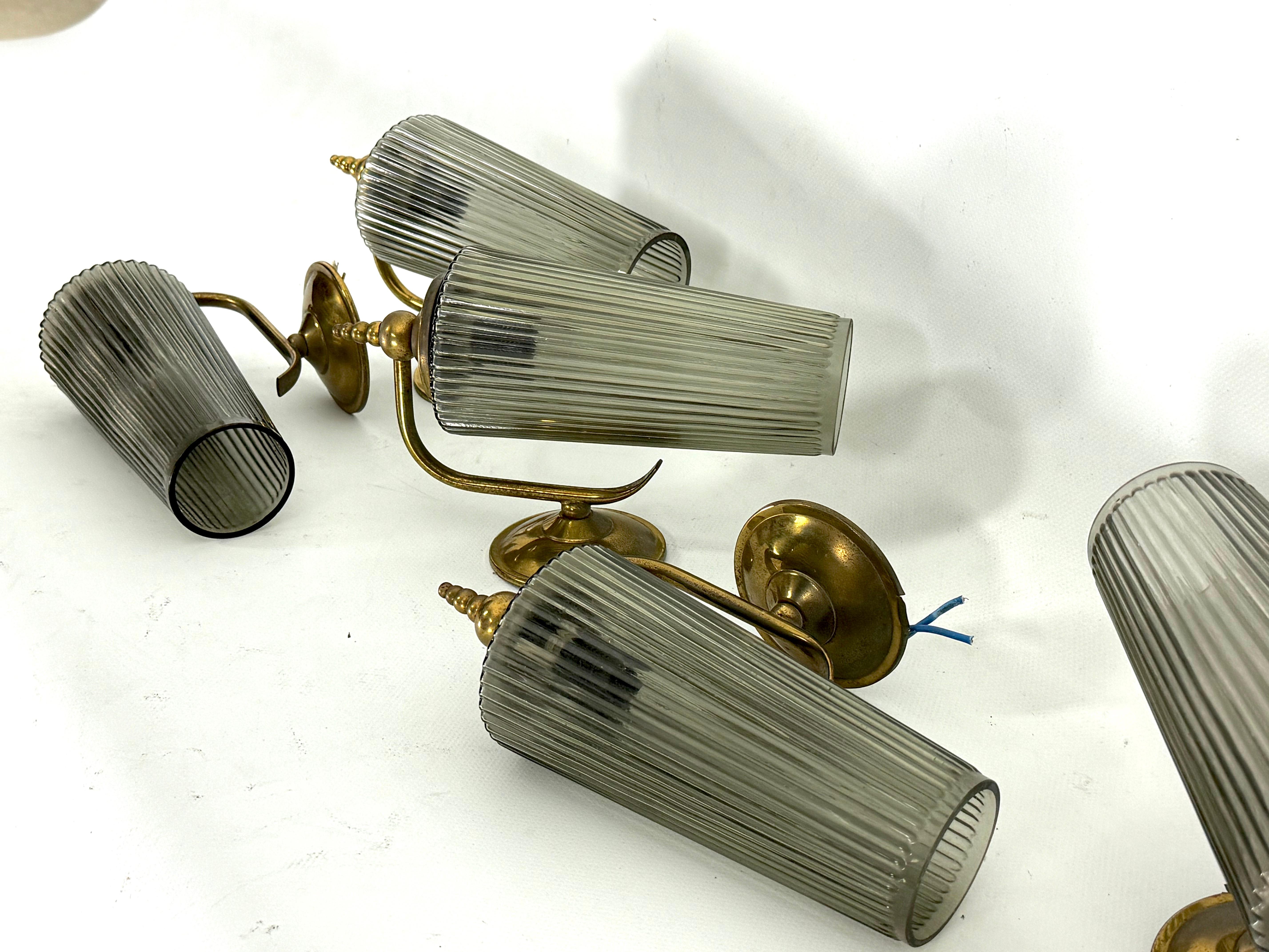 Brass Mid-Century Set of six sconces in brass and fume glass. Italy 1950s For Sale
