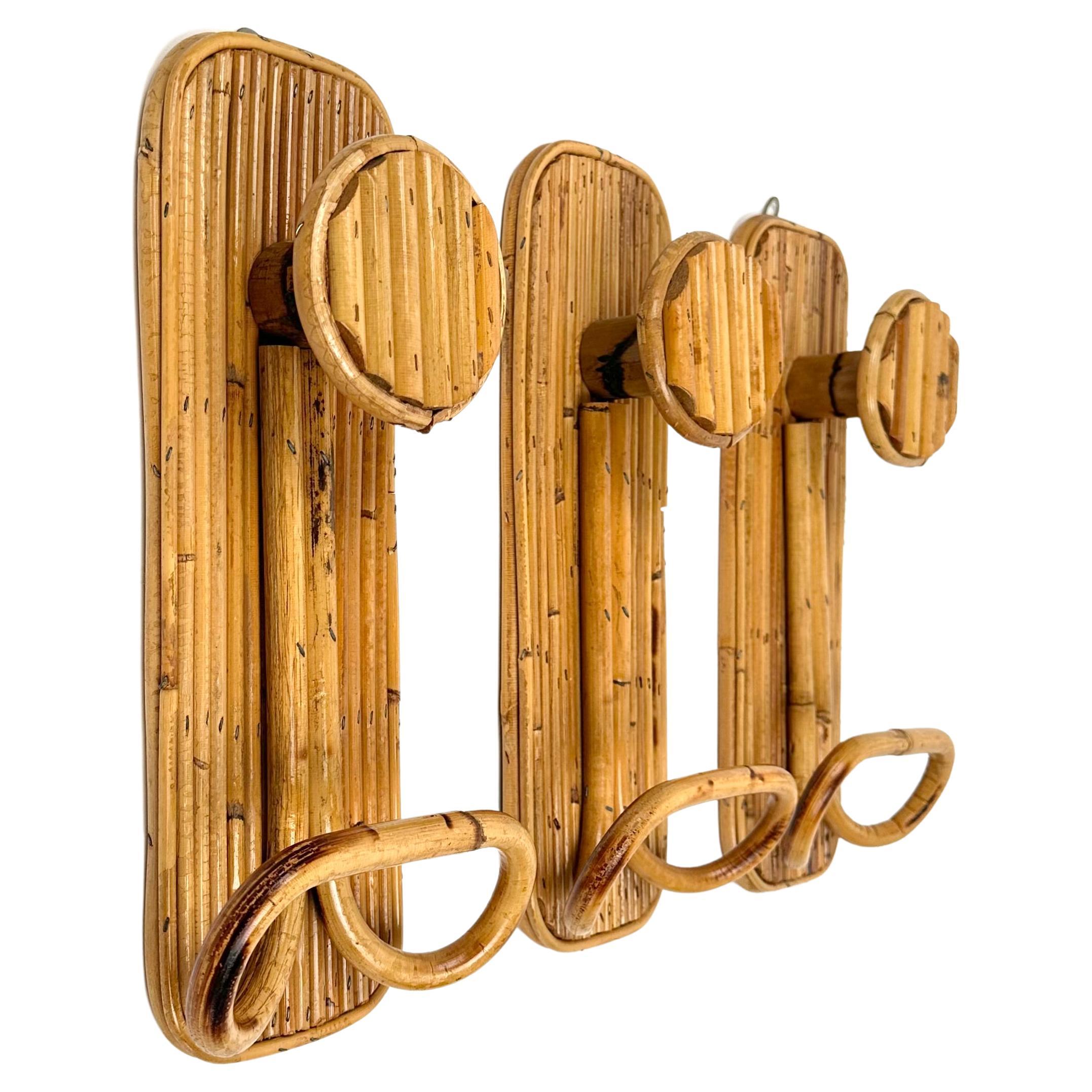 Mid-Century Modern Mid-Century Set of Three Coat Rack Stand in Bamboo and Rattan, Italy, 1970s For Sale