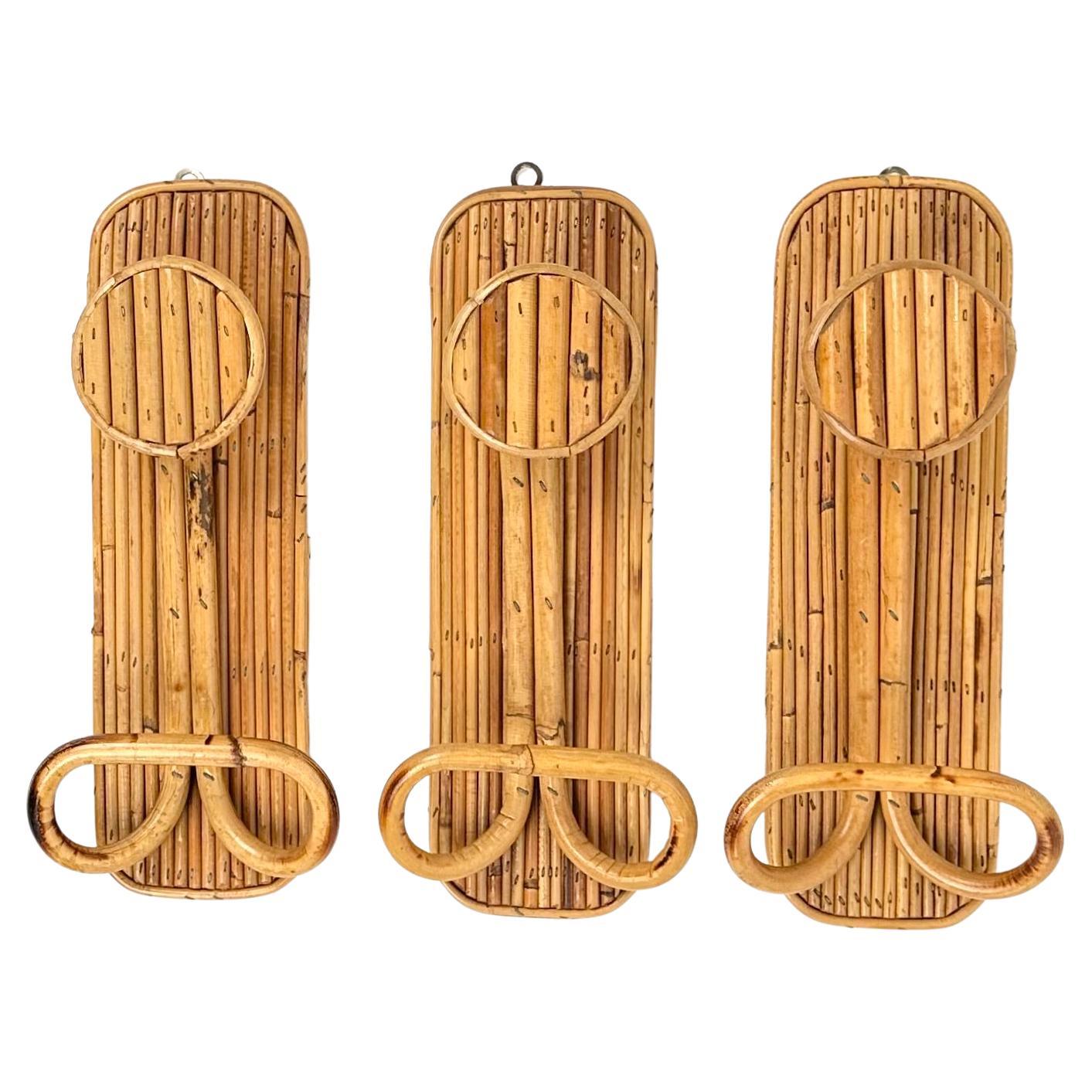 Mid-Century Set of Three Coat Rack Stand in Bamboo and Rattan, Italy, 1970s For Sale