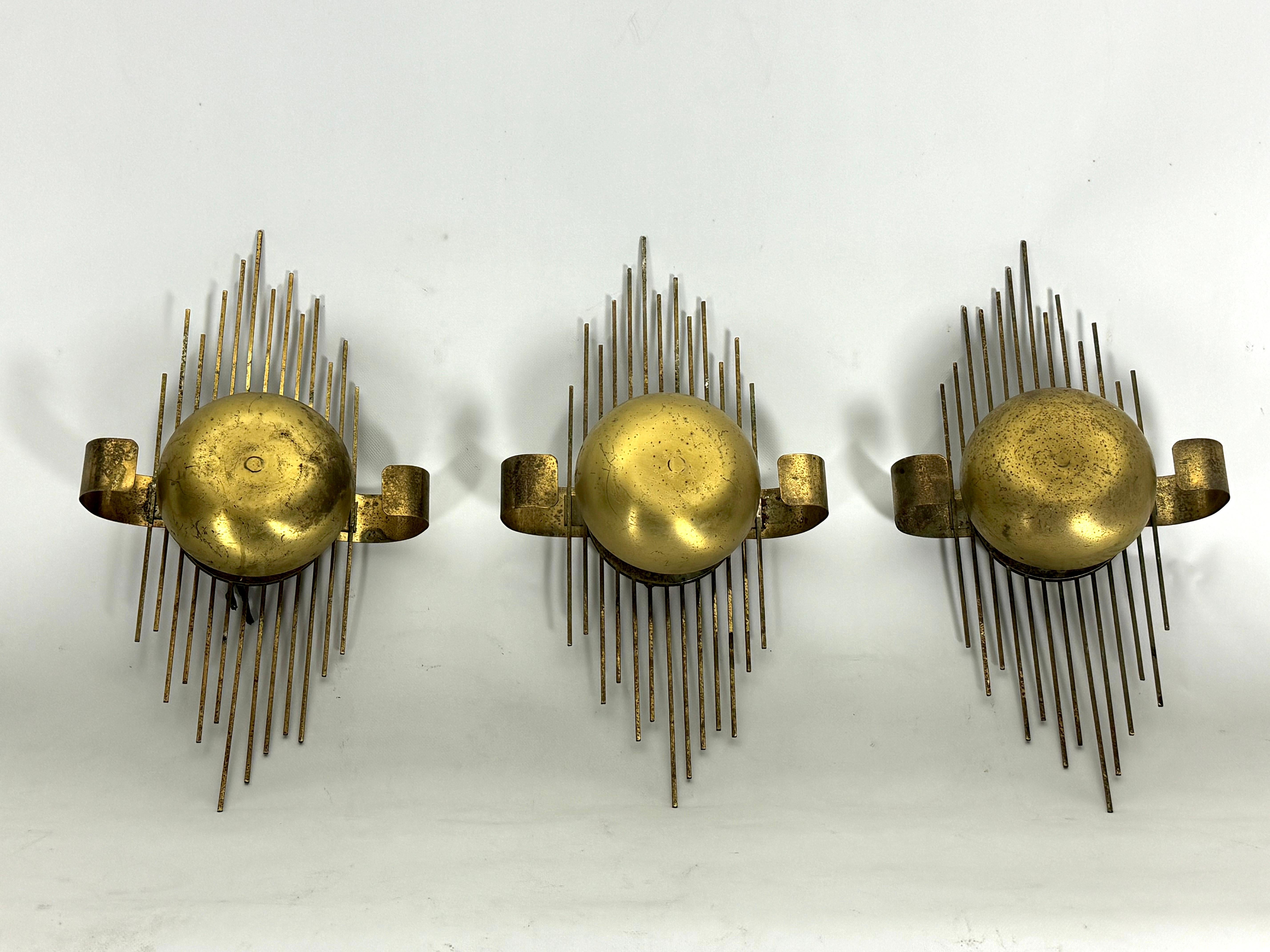 Mid-Century Modern Mid-Century Set of three gilded metal sconces. Italy 1950s For Sale