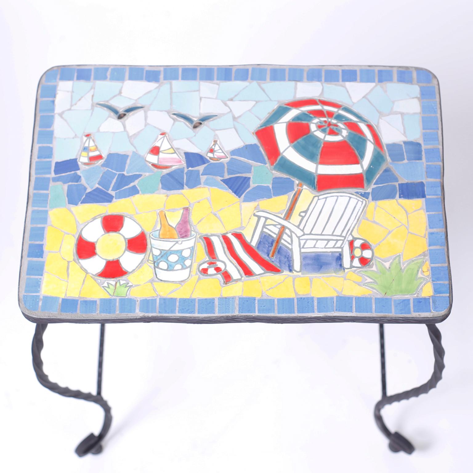 Midcentury Set of Three Iron Tile-Top Nest of Tables Depicting Summer Scenes In Good Condition In Palm Beach, FL