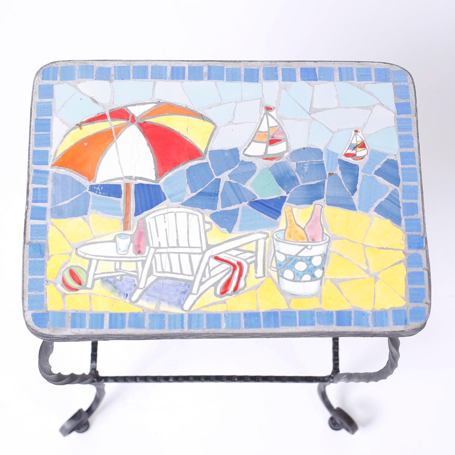 Wrought Iron Midcentury Set of Three Iron Tile-Top Nest of Tables Depicting Summer Scenes