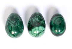 Mid Century Set of Three Polished Solid Malachite Eggs Congo, C.1960