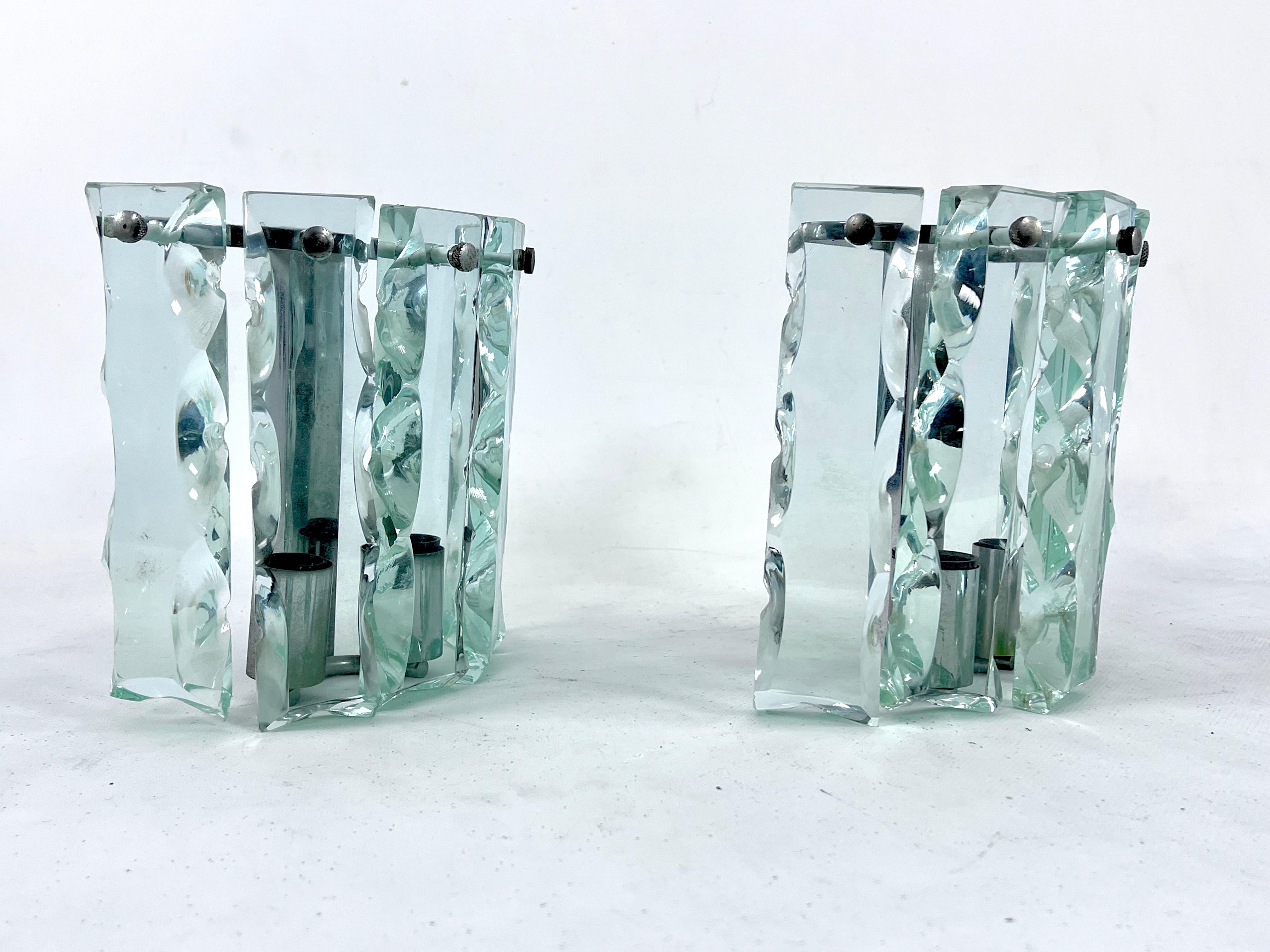 Midcentury Set of Two Cut Glass Sconces by Zero Quattro, Italy, 1970s For Sale 5