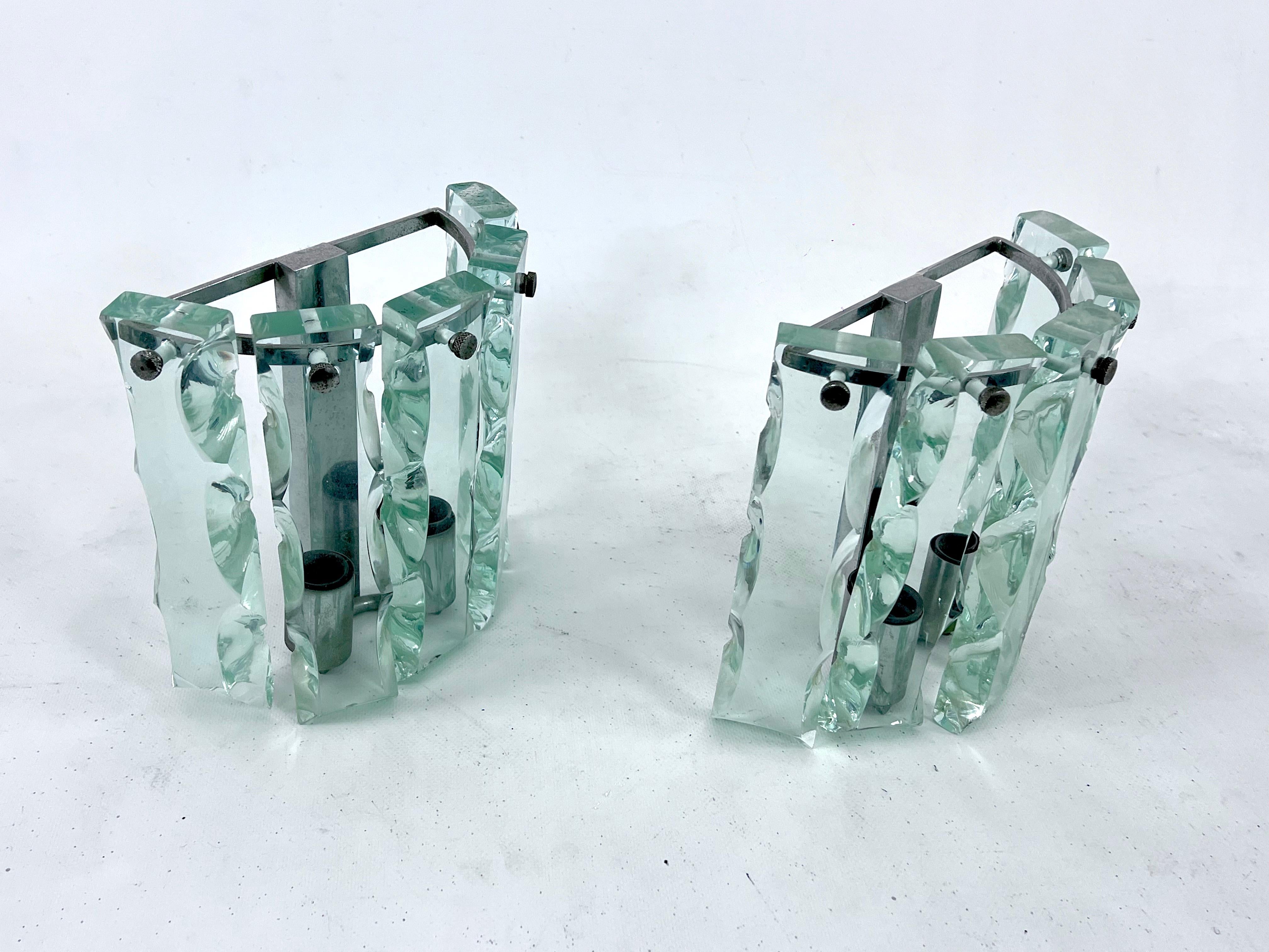 Midcentury Set of Two Cut Glass Sconces by Zero Quattro, Italy, 1970s For Sale 6