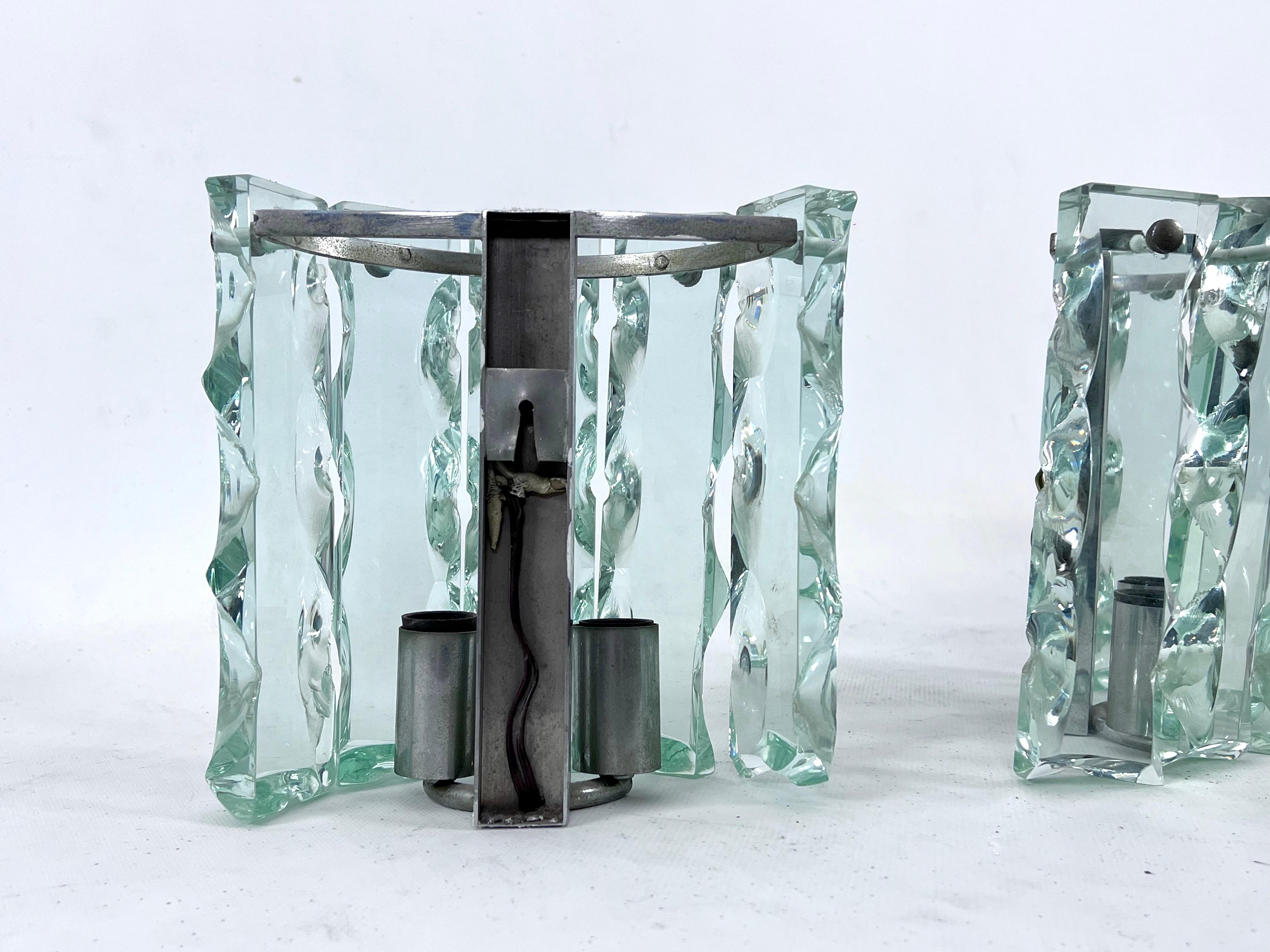 Midcentury Set of Two Cut Glass Sconces by Zero Quattro, Italy, 1970s For Sale 7