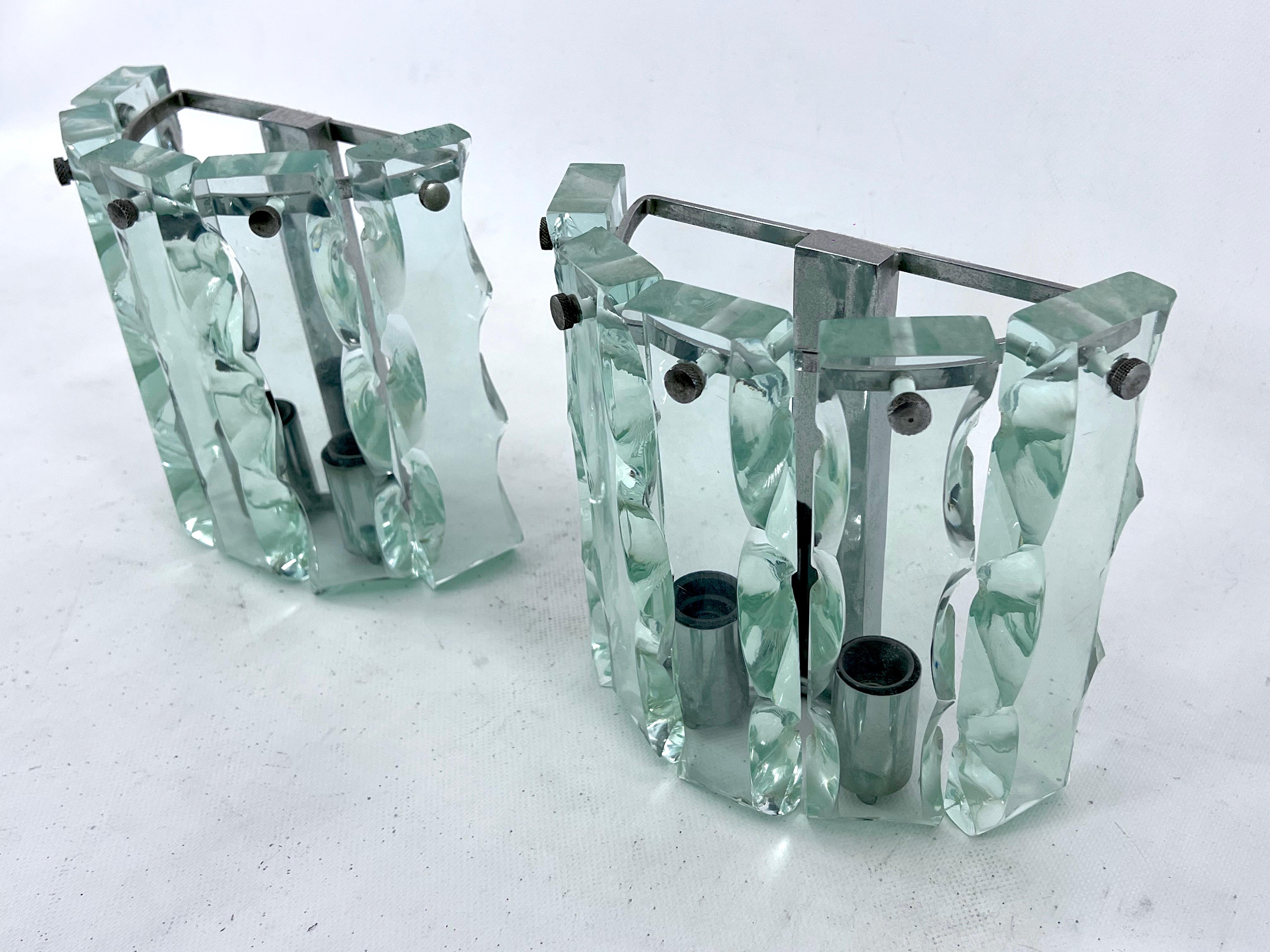 Midcentury Set of Two Cut Glass Sconces by Zero Quattro, Italy, 1970s For Sale 2