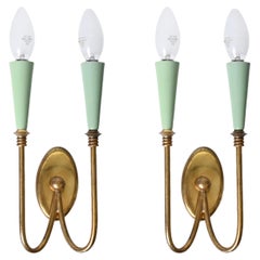 Mid-Century Set of Wall Lights in Brass and Green Enamelled Metal, Italy '50s