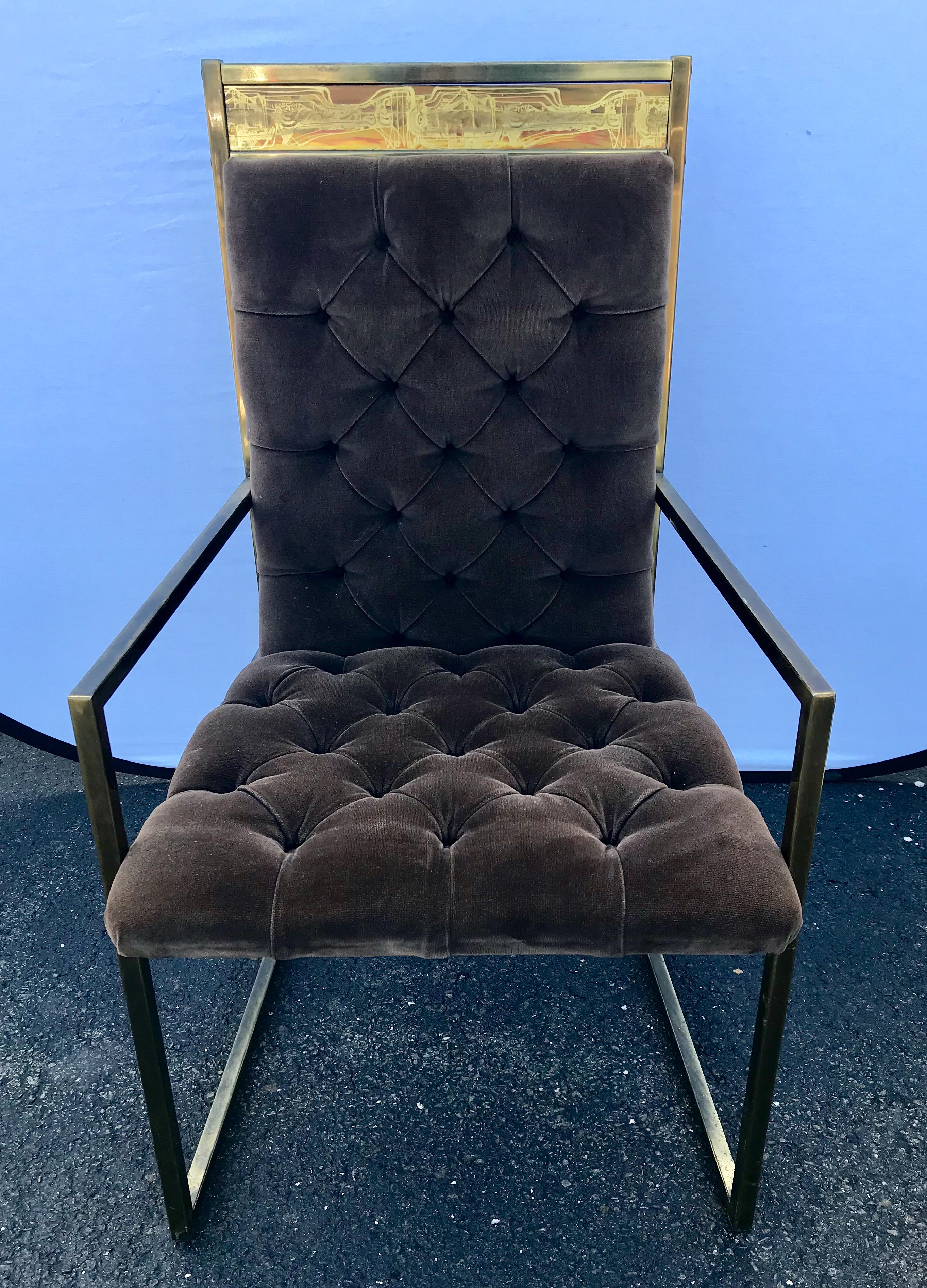 American Set of 6 Mid Century Mastercraft B. Rohne Brass Velvet Tufted Dining Chairs