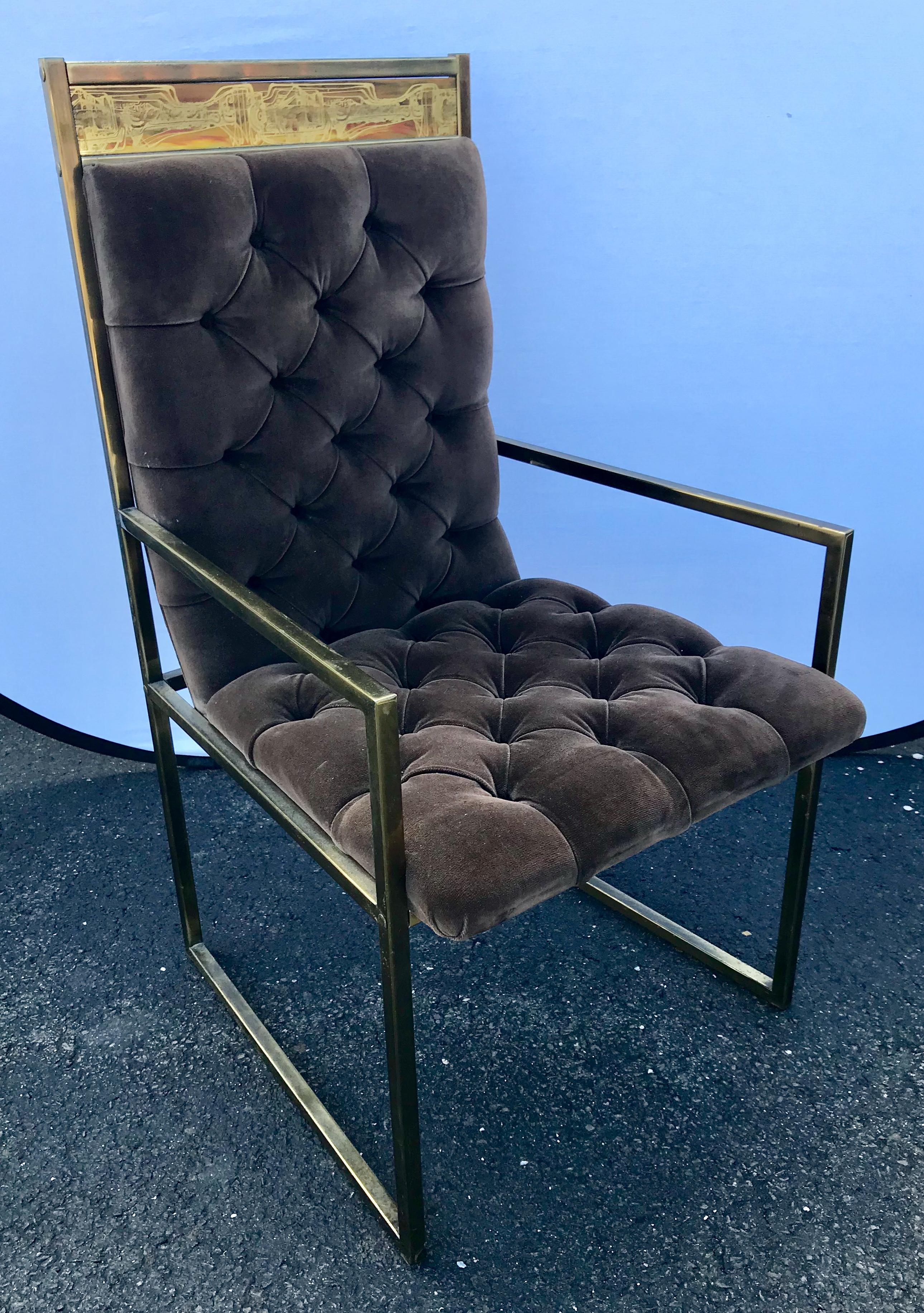 Set of 6 Mid Century Mastercraft B. Rohne Brass Velvet Tufted Dining Chairs In Good Condition In West Hartford, CT