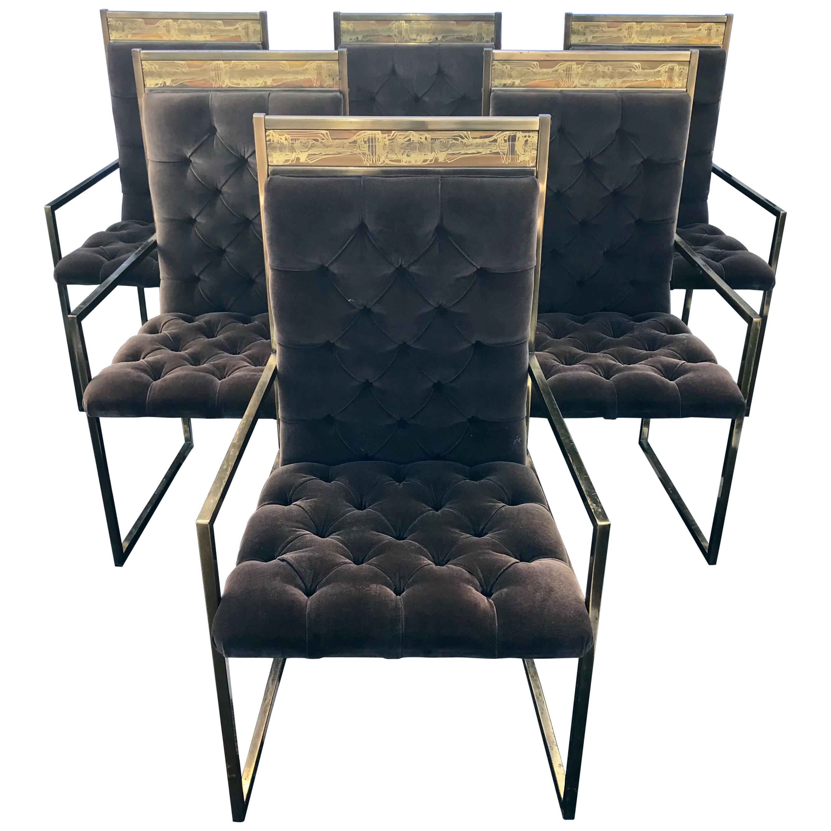 Set of 6 Mid Century Mastercraft B. Rohne Brass Velvet Tufted Dining Chairs 