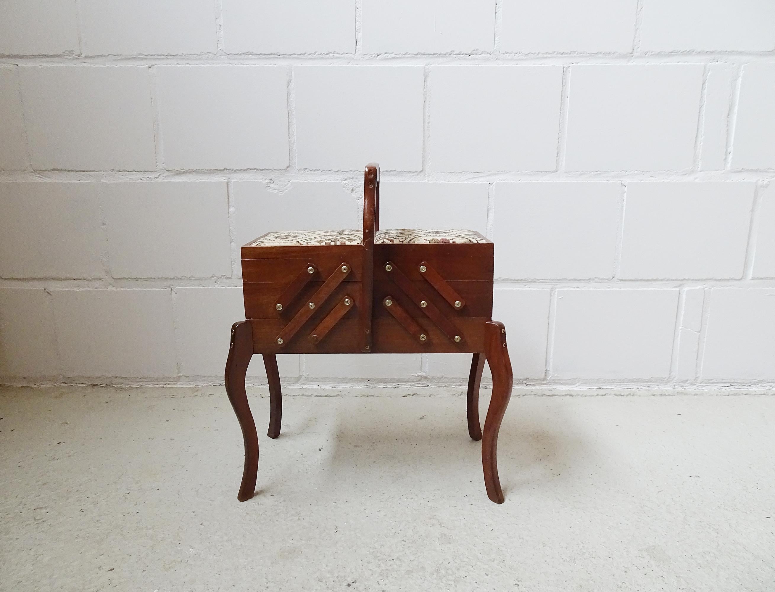 Mid Century Sewing Box Table with Tapistry, Boho Style 2