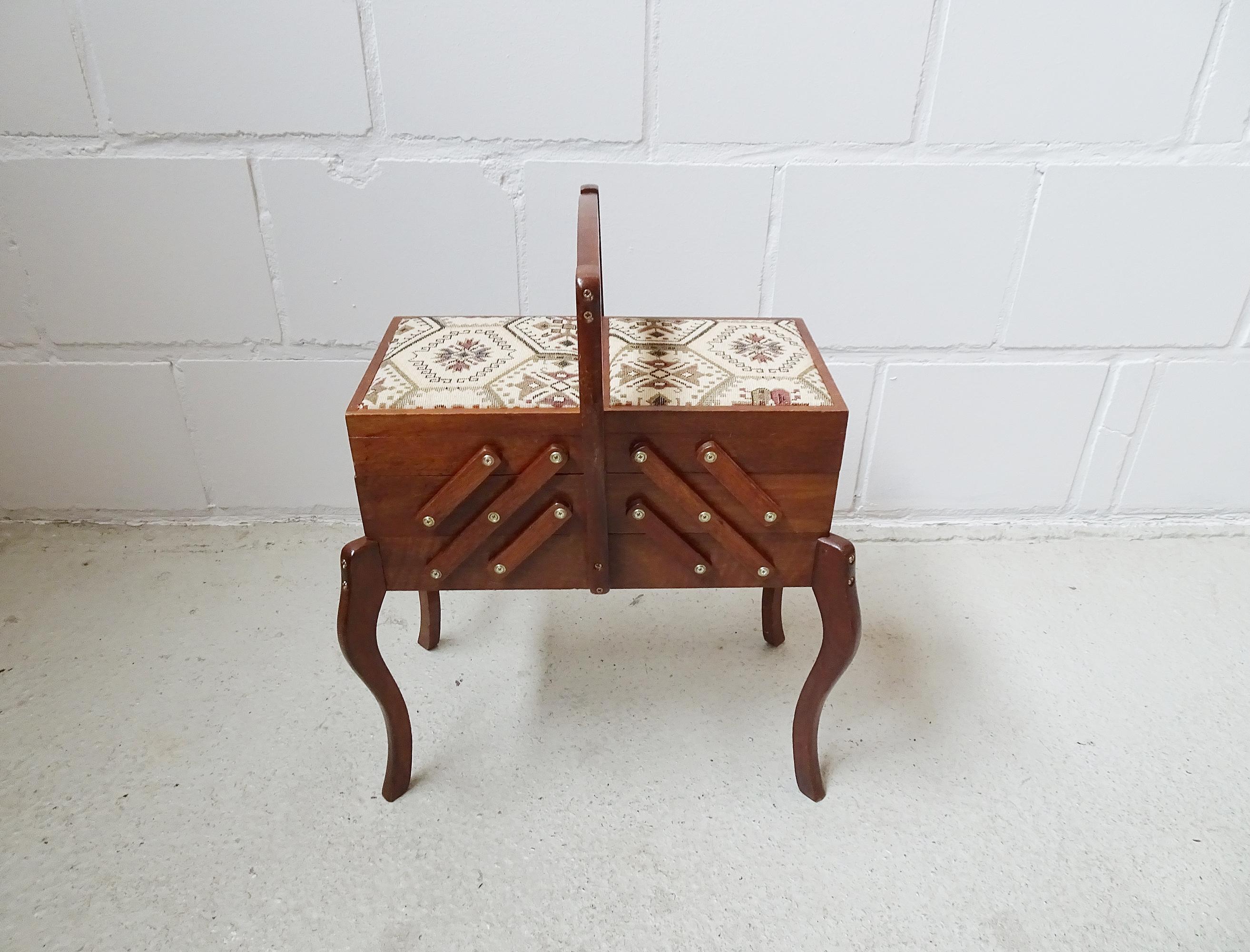 Mid-Century Modern Mid Century Sewing Box Table with Tapistry, Boho Style