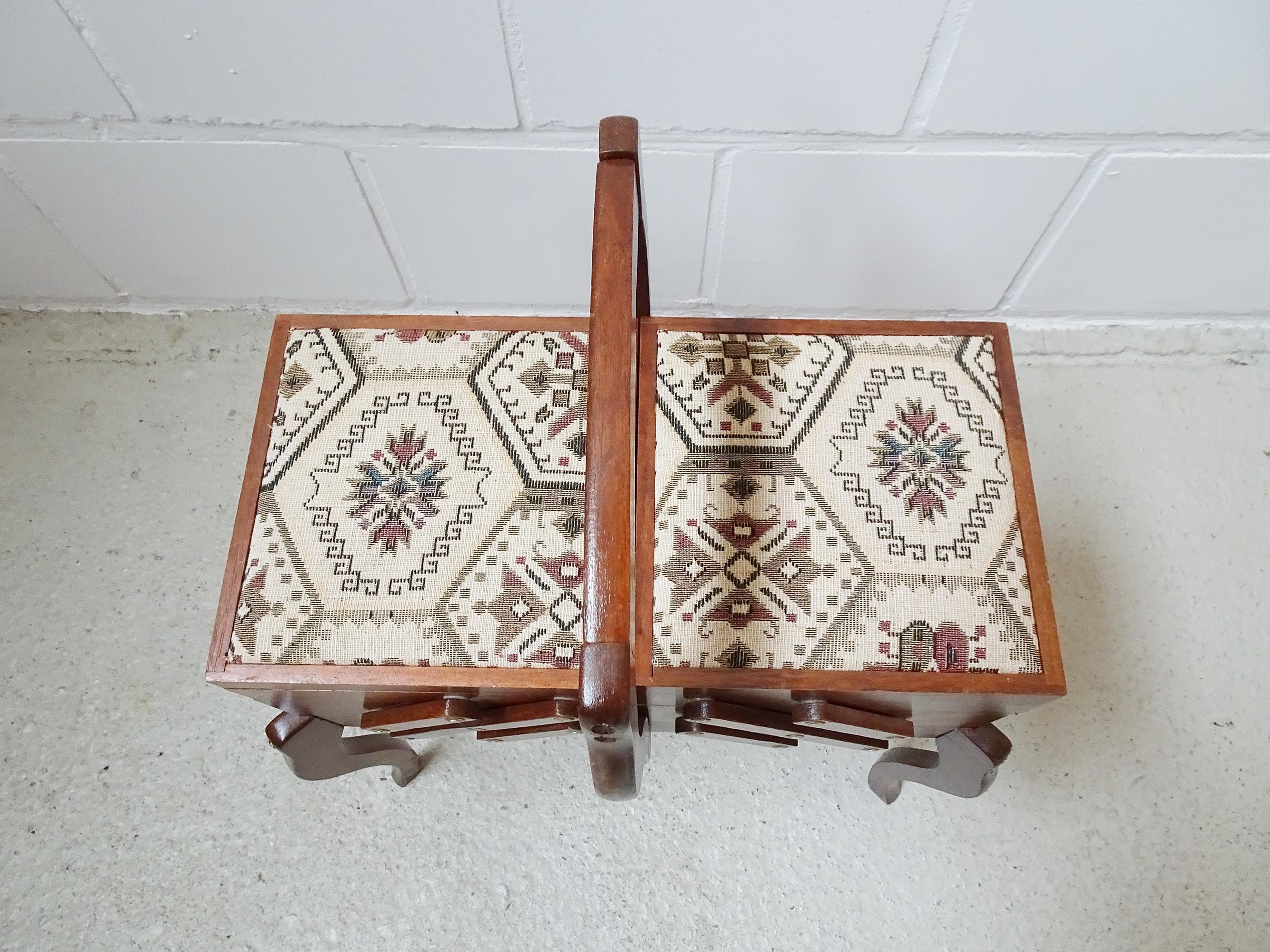 German Mid Century Sewing Box Table with Tapistry, Boho Style