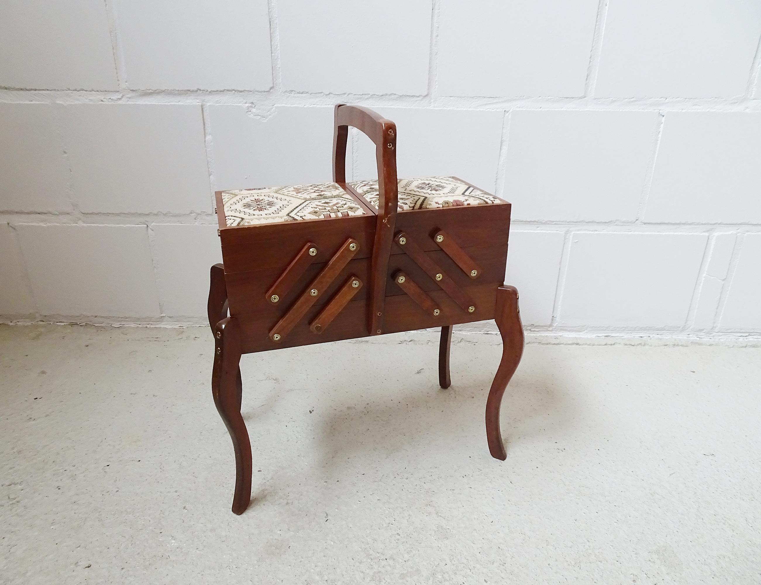 Wood Mid Century Sewing Box Table with Tapistry, Boho Style
