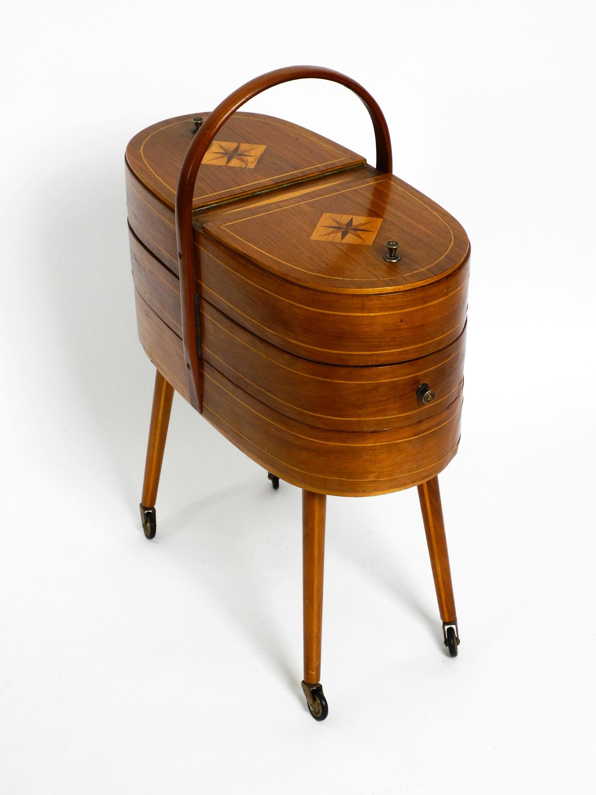 Mid-20th Century Midcentury Sewing Box with Teak Veneer Marquetry and Many Compartments