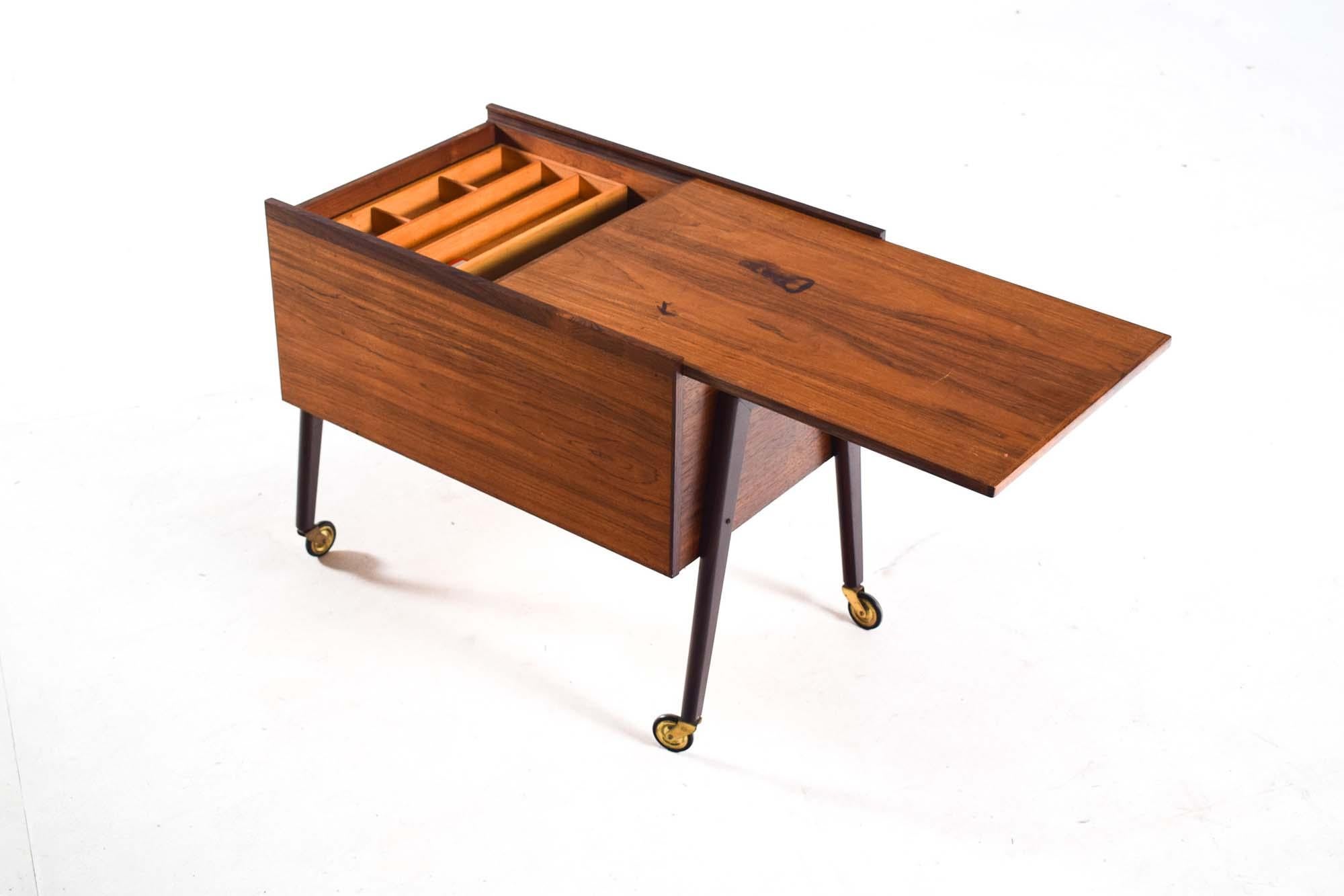 Danish Mid Century Sewing Table in Rosewood with sliding top plate