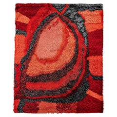 Mid-century shaggy rug from the 60s in different shades of red and gray scales