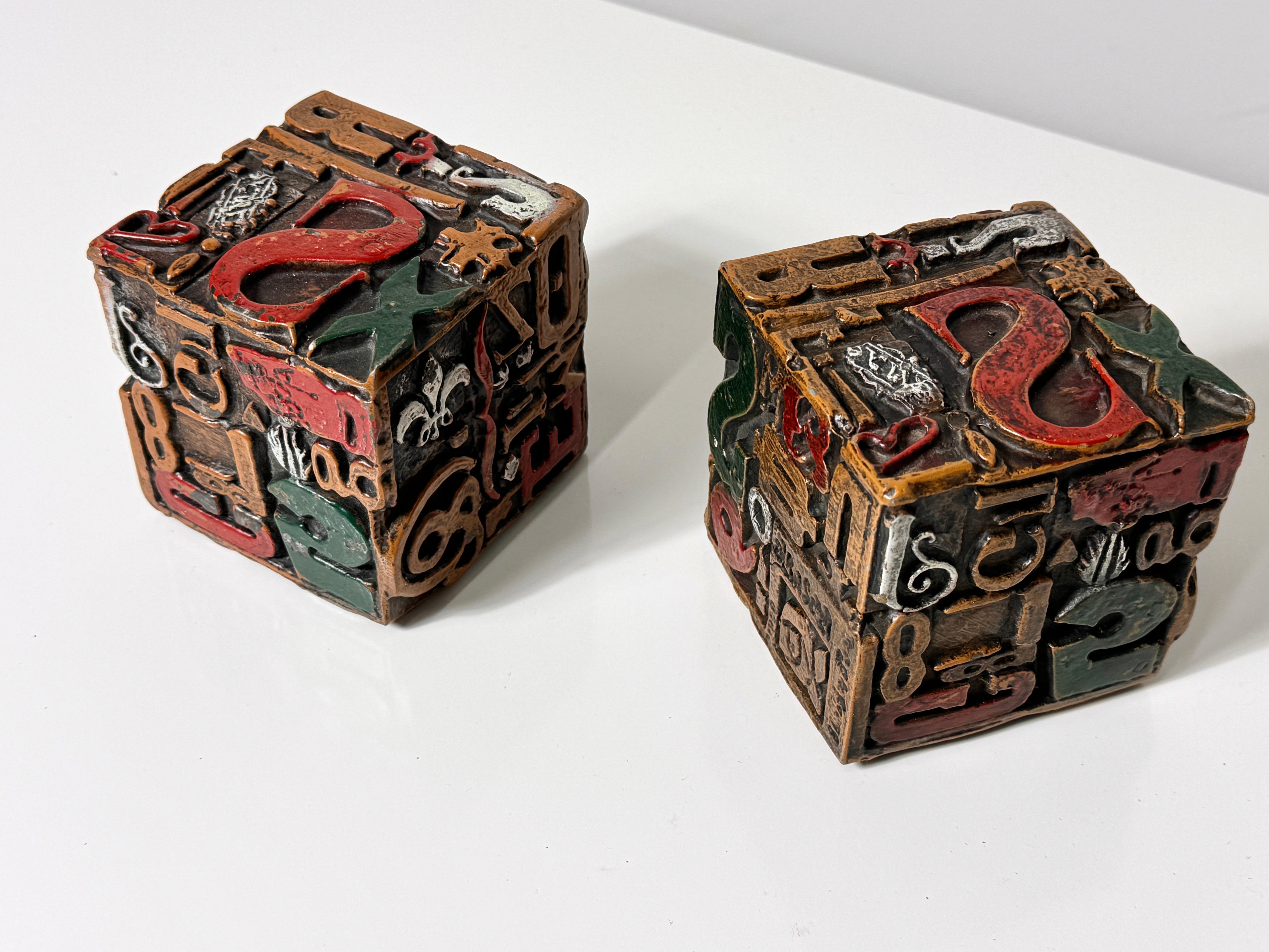 American Mid Century Sheldon Rose Alpha Sculpt Cube Letterpress Sculptures Bookends 1960s For Sale
