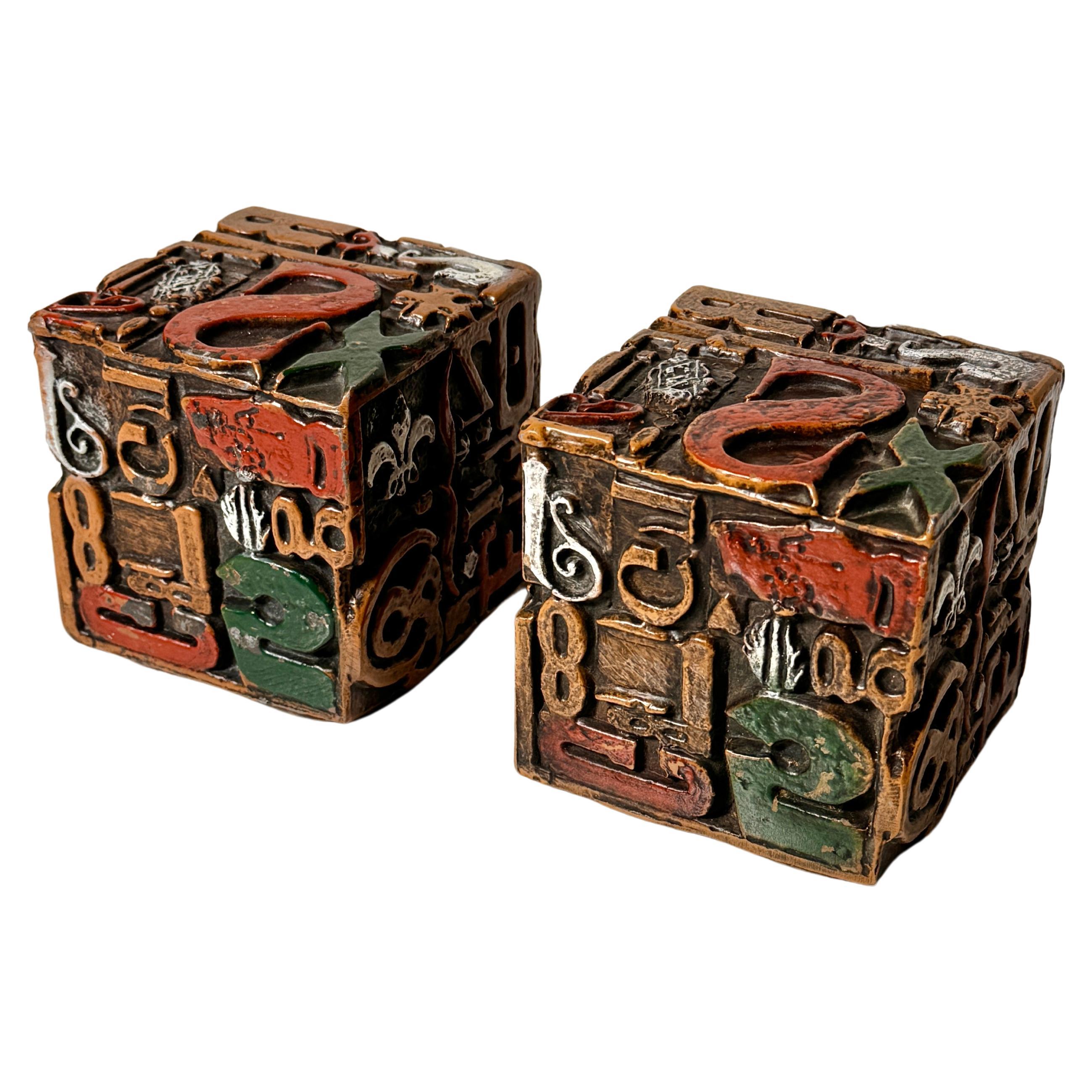 Mid Century Sheldon Rose Alpha Sculpt Cube Letterpress Sculptures Bookends 1960s For Sale