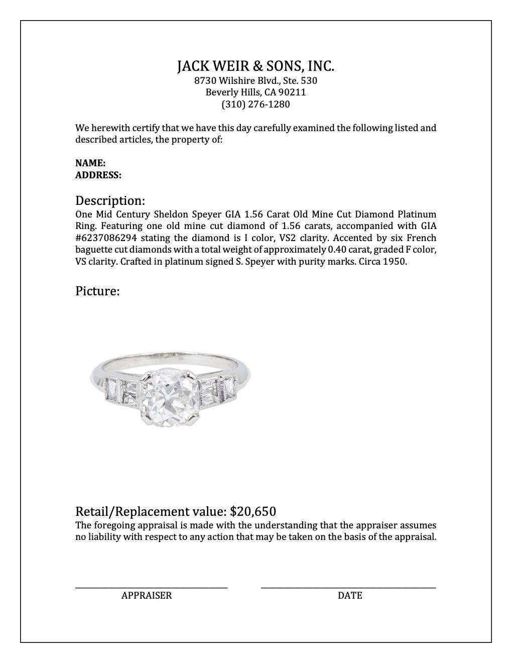 Platinring mit Sheldon Speyer, GIA 1,56 Karat Diamant im alten Minenschliff, Mid-Century 3