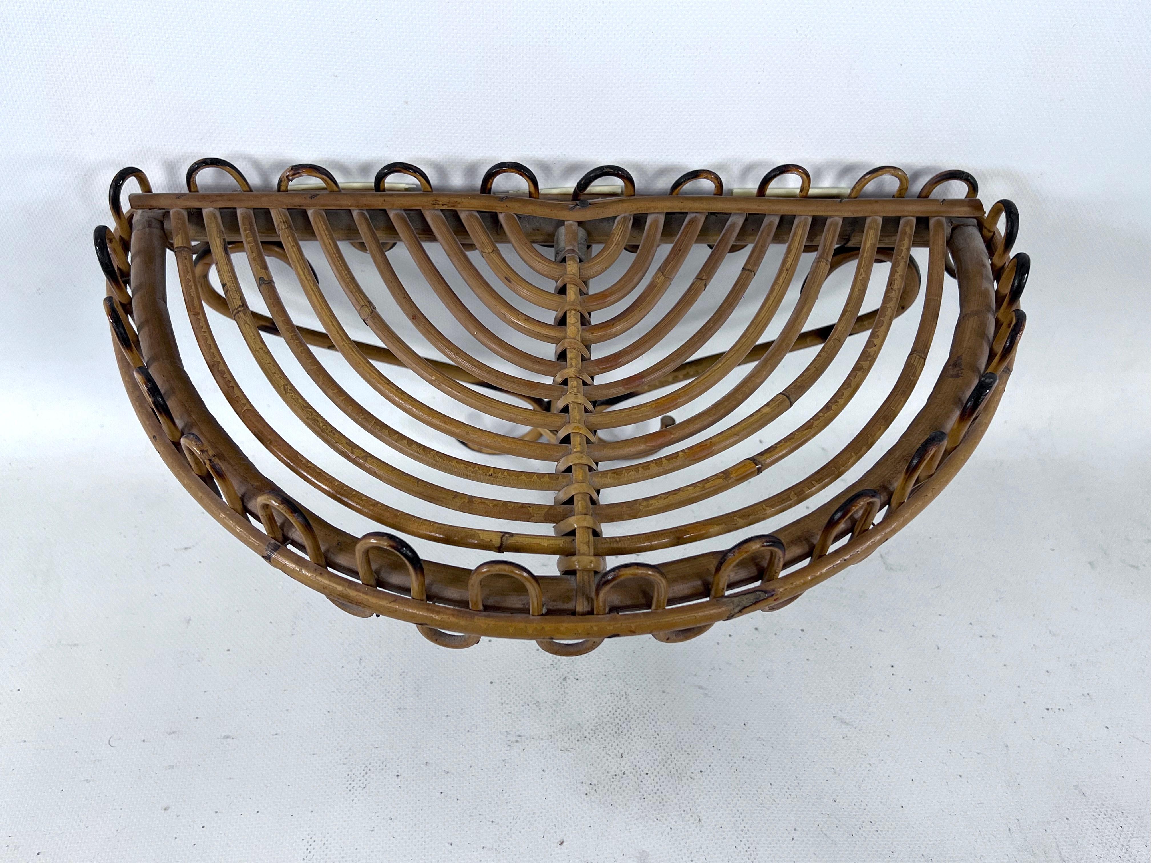 Midcentury Shelf Console Table with Wall Mirror in Rattan and Bamboo, Italy 1960 For Sale 3
