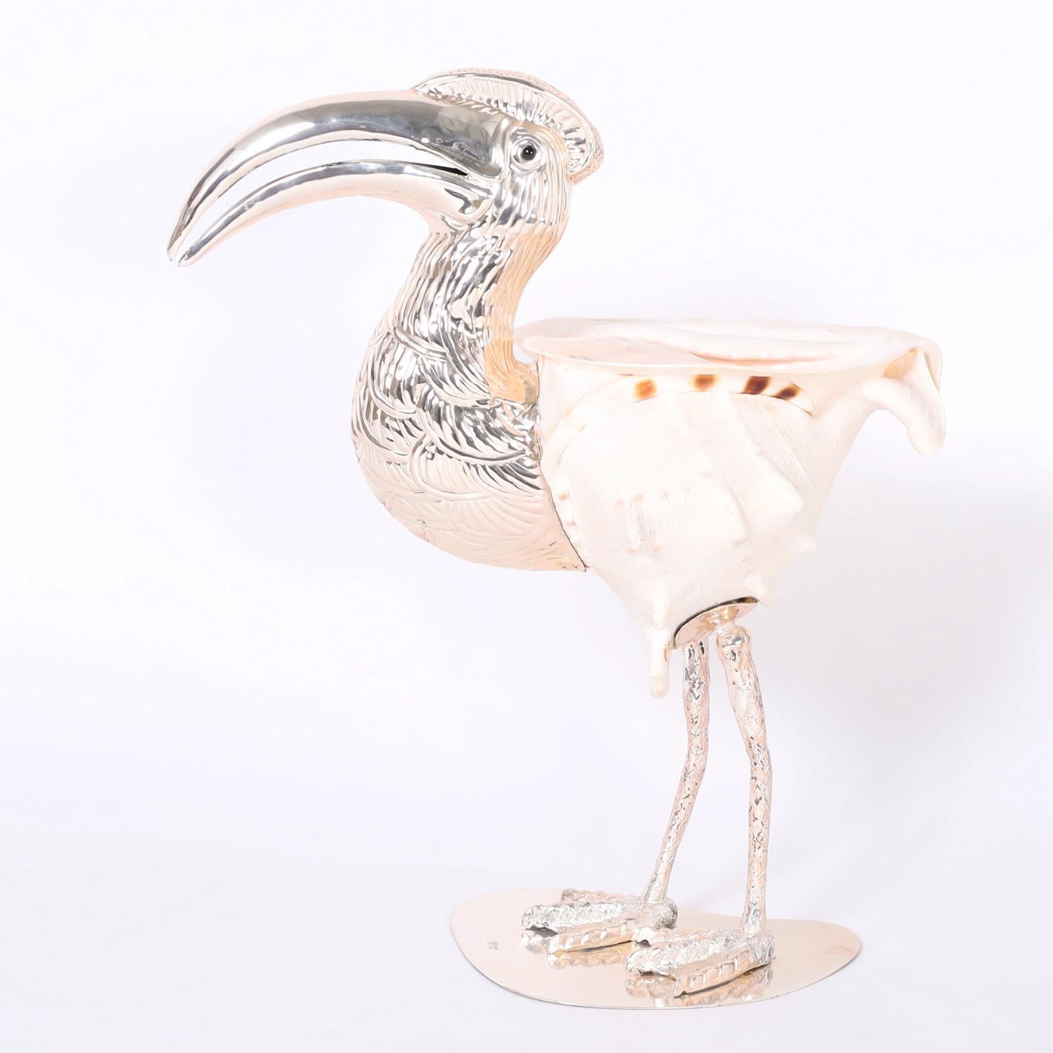 Mid-Century Modern Midcentury Shell and Silver Plate Bird Sculpture by Gabriella Binazzi