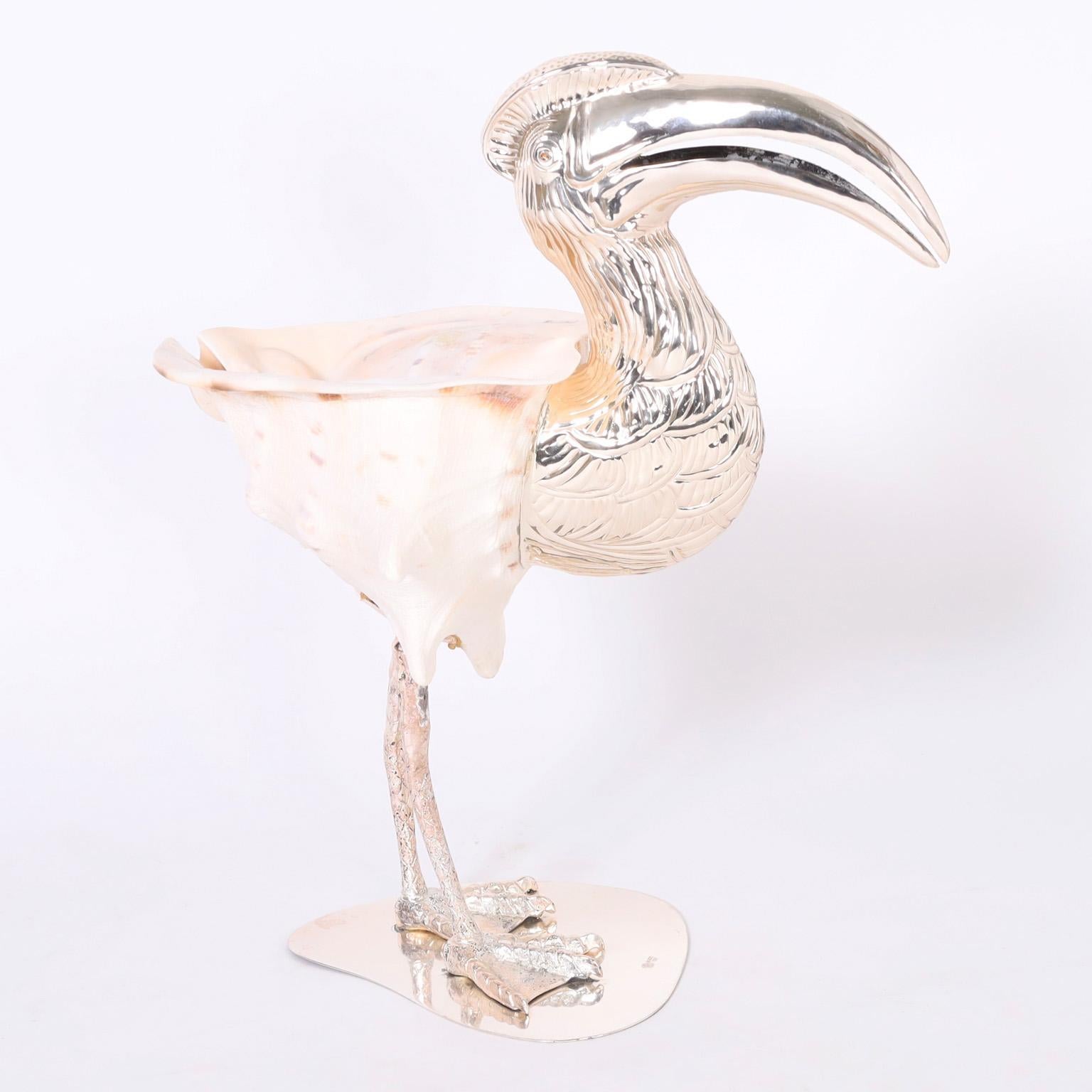 Italian Midcentury Shell and Silver Plate Bird Sculpture by Gabriella Binazzi