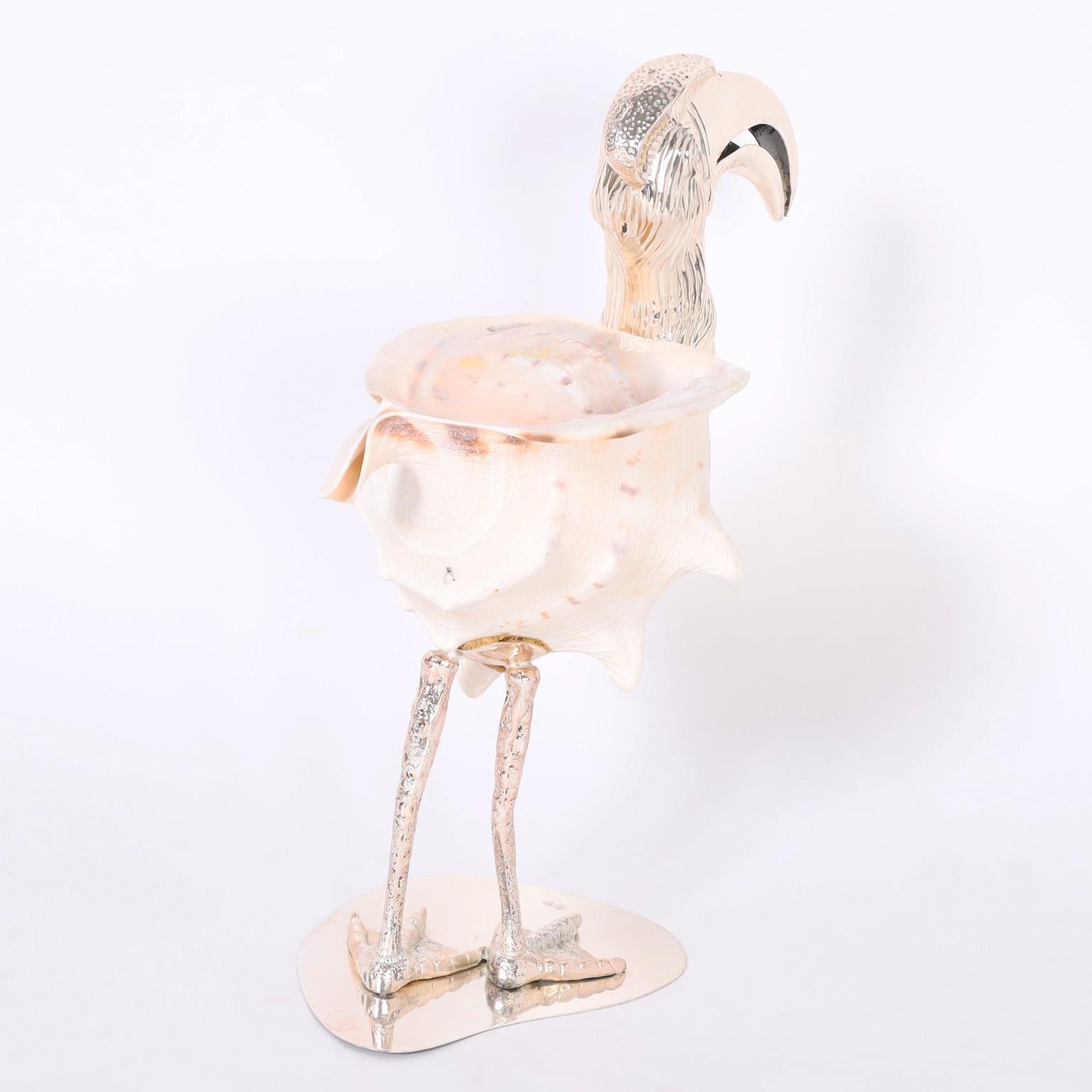 Plated Midcentury Shell and Silver Plate Bird Sculpture by Gabriella Binazzi