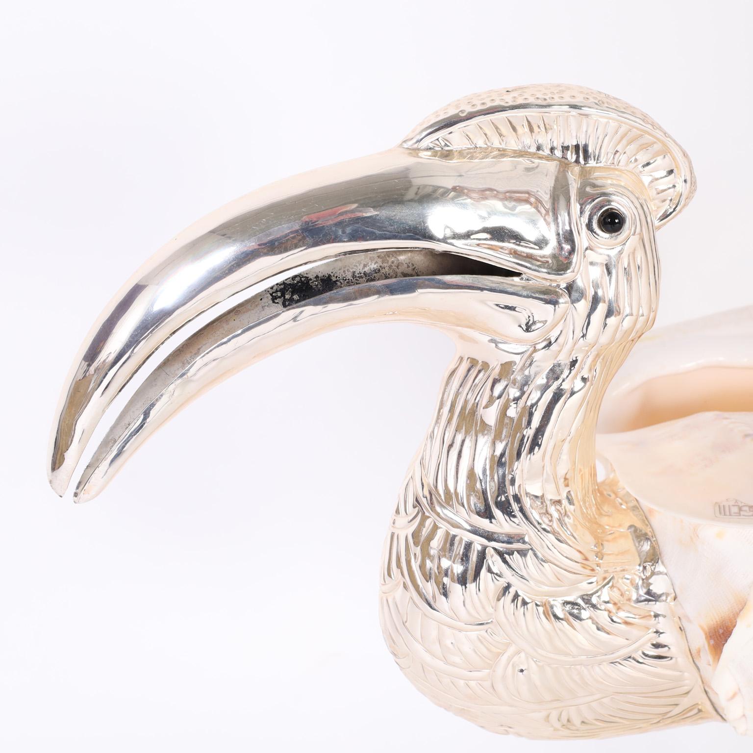 Midcentury Shell and Silver Plate Bird Sculpture by Gabriella Binazzi In Good Condition In Palm Beach, FL