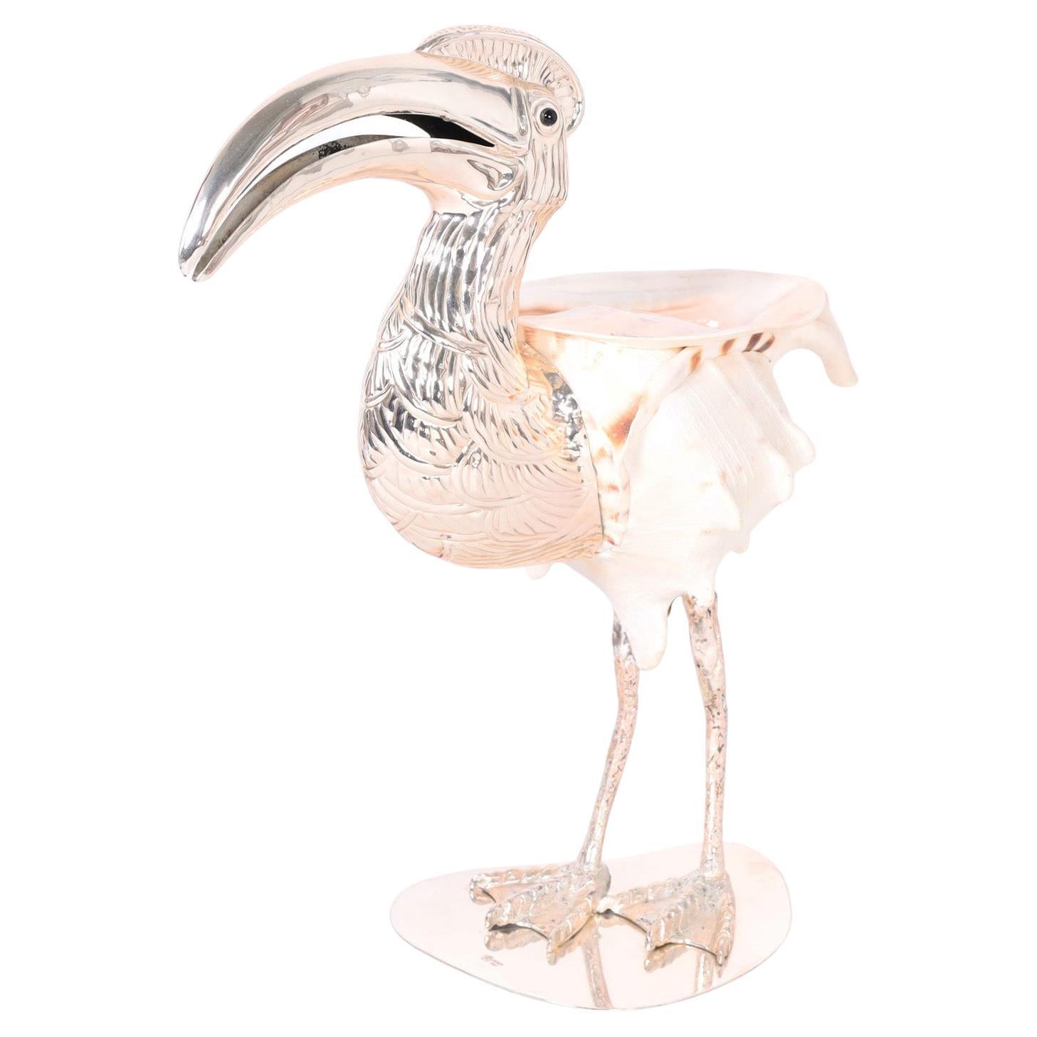 Midcentury Shell and Silver Plate Bird Sculpture by Gabriella Binazzi