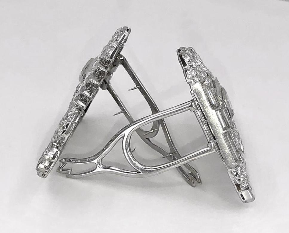 Mixed Cut Diamond Platinum Midcentury Shield Double Clip Brooch Pair