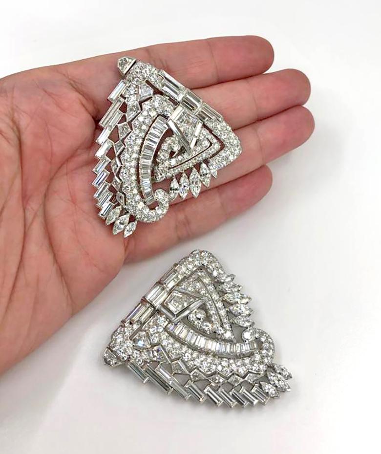 Diamond Platinum Midcentury Shield Double Clip Brooch Pair In Good Condition In New York, NY
