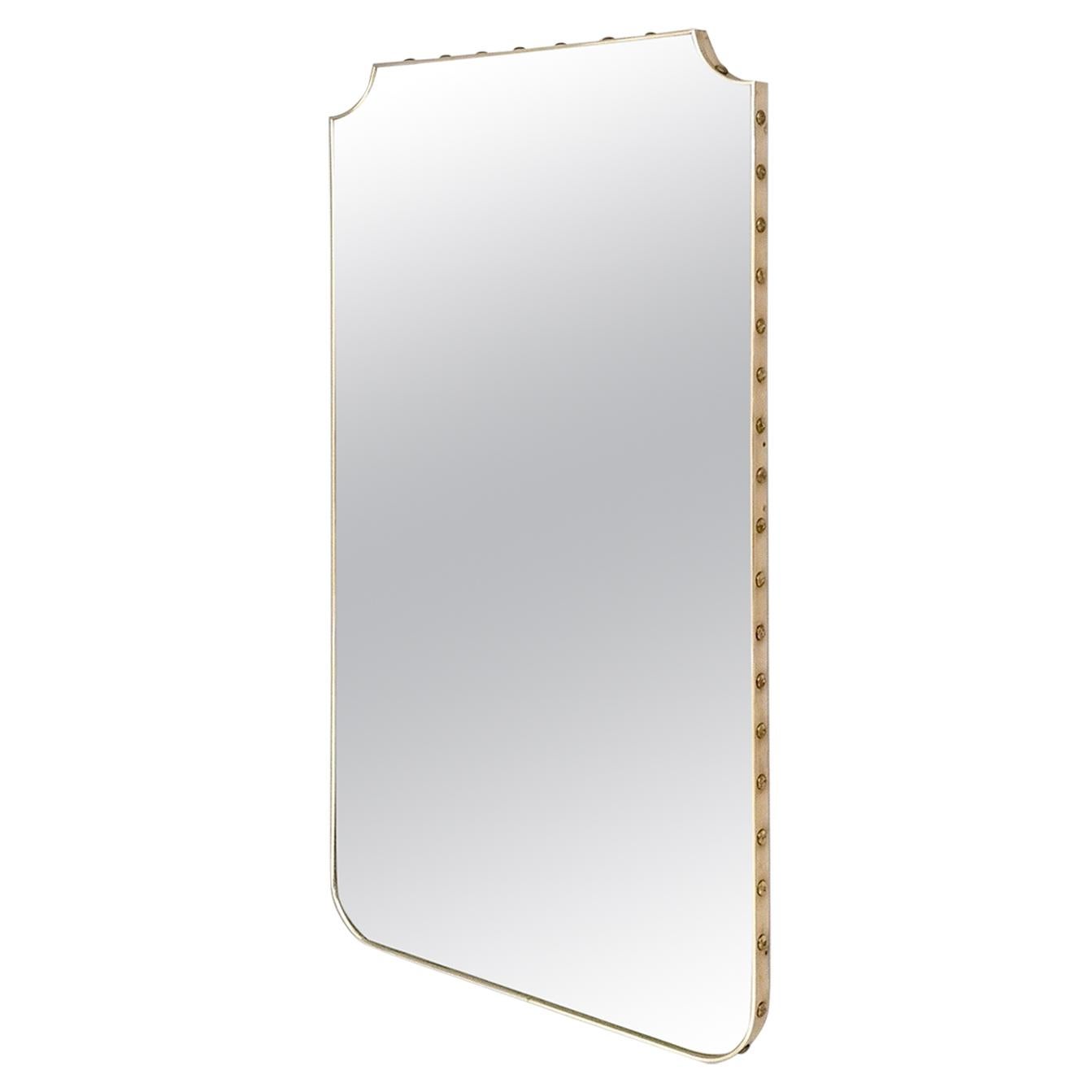 Mid-century Shield Shaped Wall Mirror with a Brass Studded Frame, Italy, 1960s