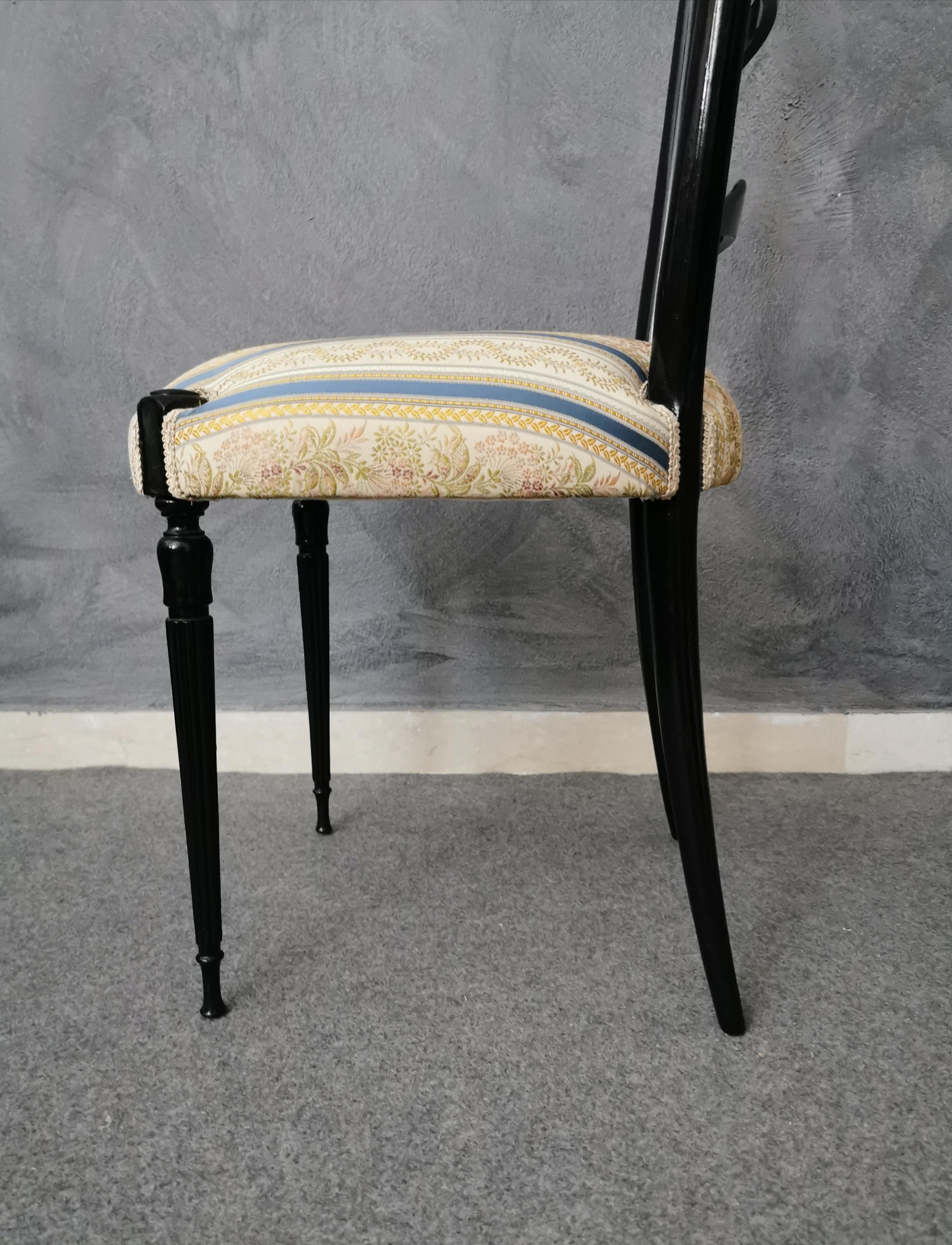 Mid-Century Side Chair Black Wood Damask Fabric Chiavari Italian Design 1950s 3