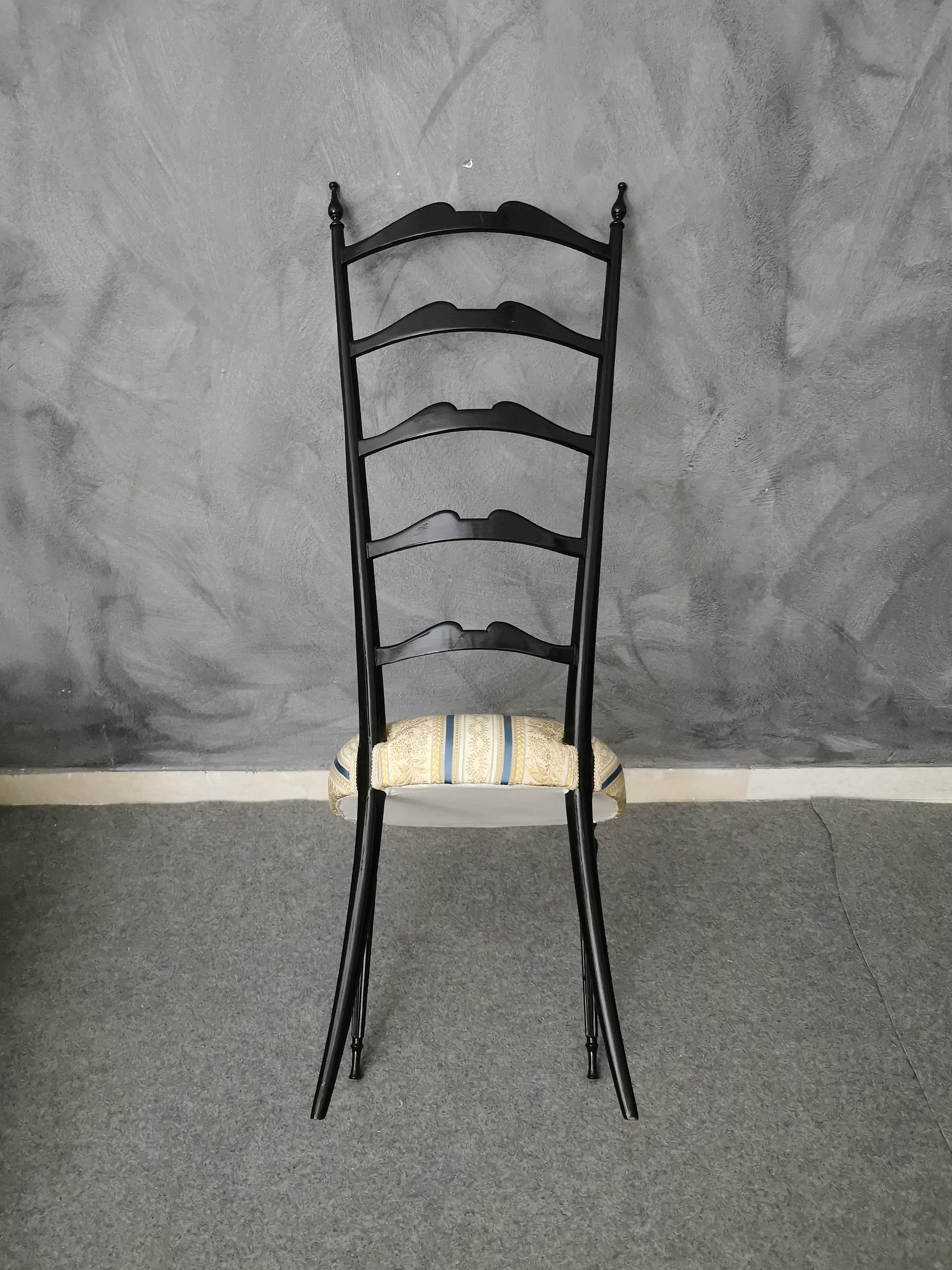 Mid-Century Modern Mid-Century Side Chair Black Wood Damask Fabric Chiavari Italian Design 1950s
