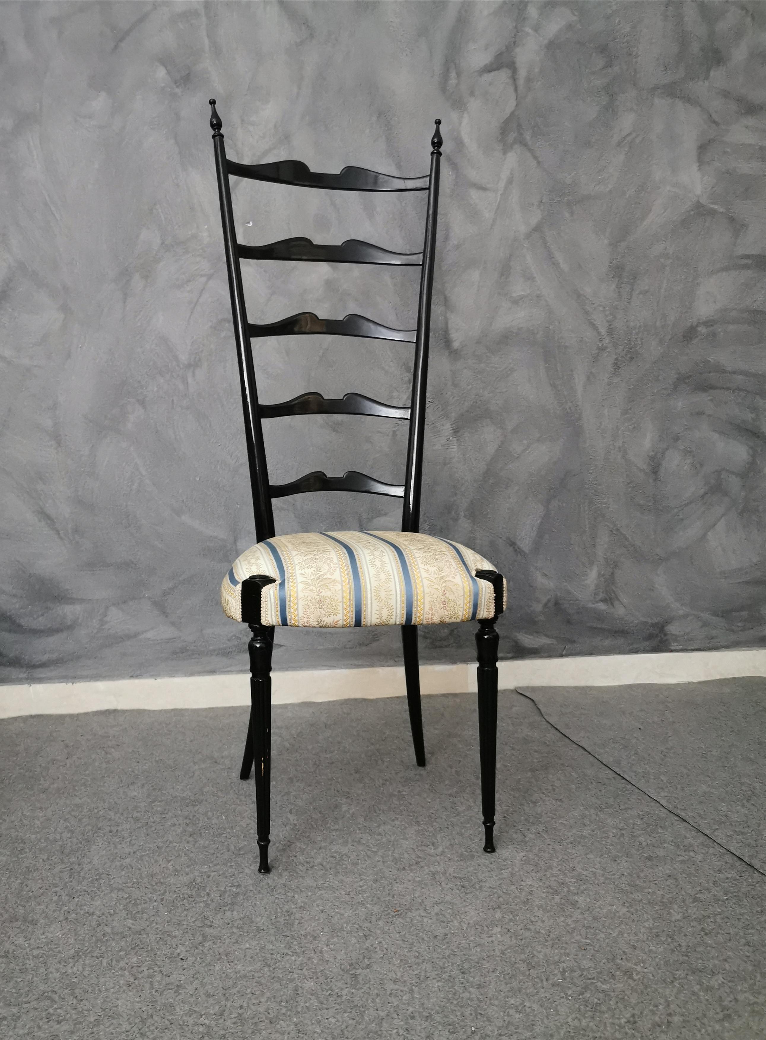 Lacquered Mid-Century Side Chair Black Wood Damask Fabric Chiavari Italian Design 1950s
