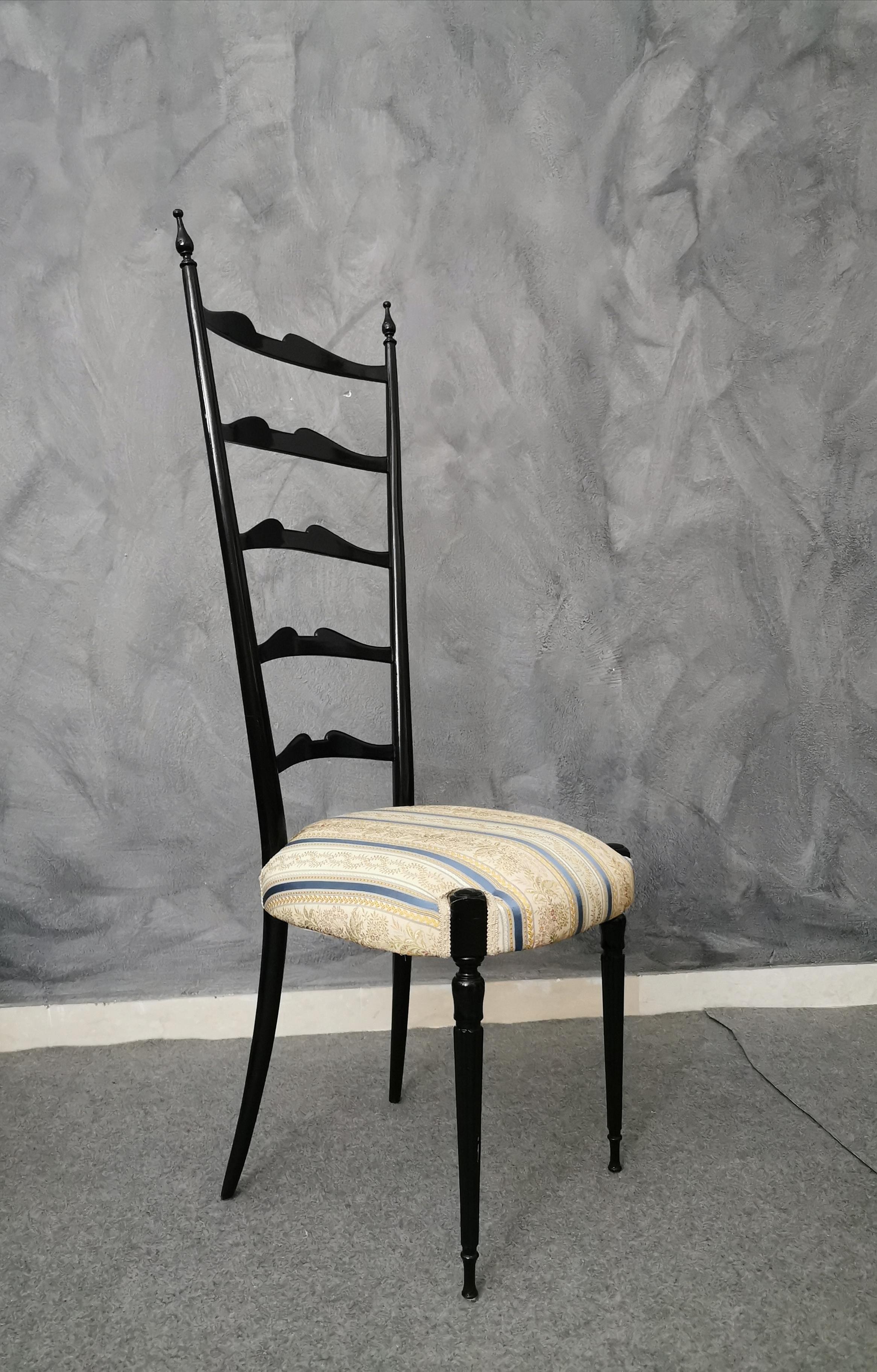 Mid-Century Side Chair Black Wood Damask Fabric Chiavari Italian Design 1950s In Good Condition In Palermo, IT