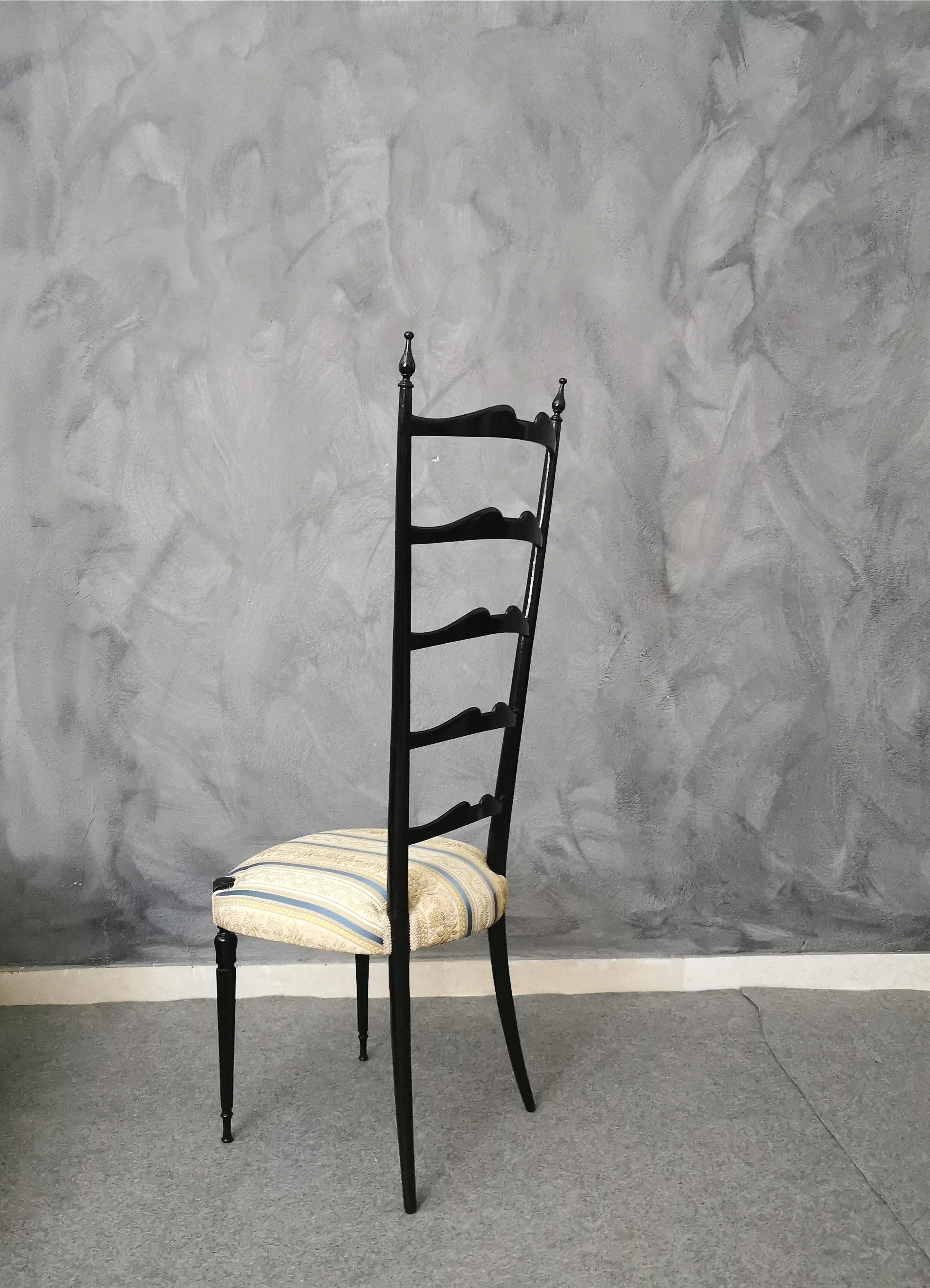 20th Century Mid-Century Side Chair Black Wood Damask Fabric Chiavari Italian Design 1950s