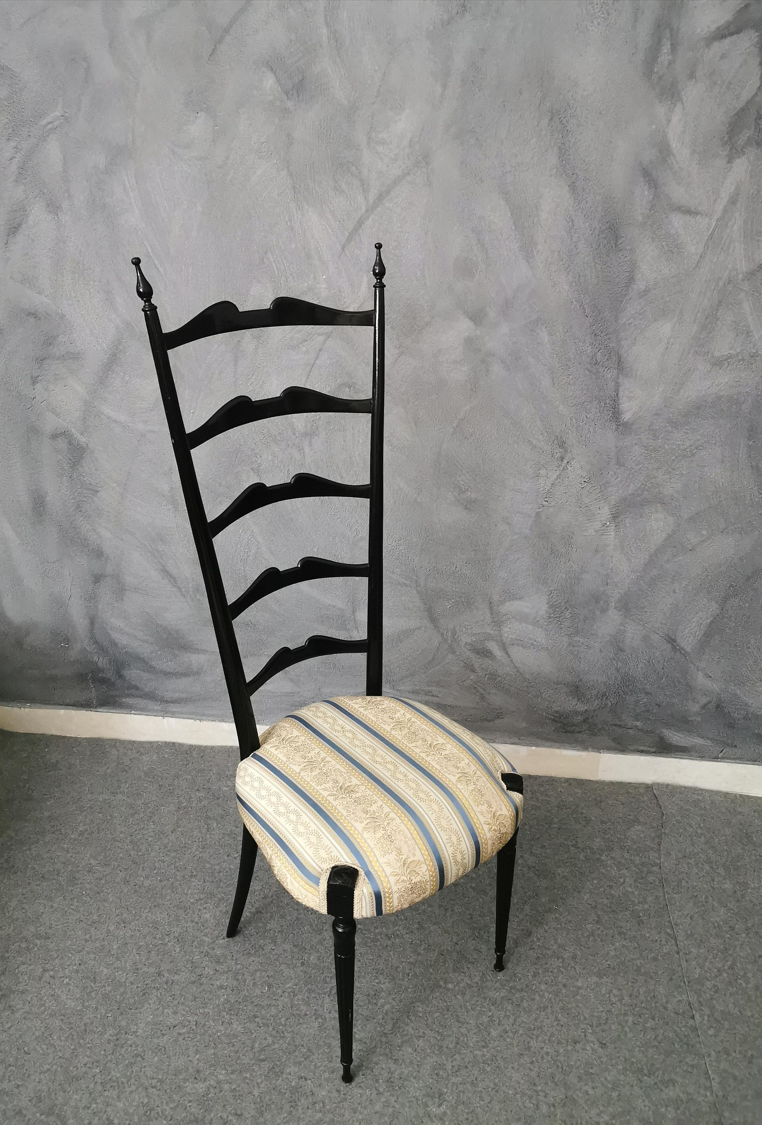 Mid-Century Side Chair Black Wood Damask Fabric Chiavari Italian Design 1950s 1