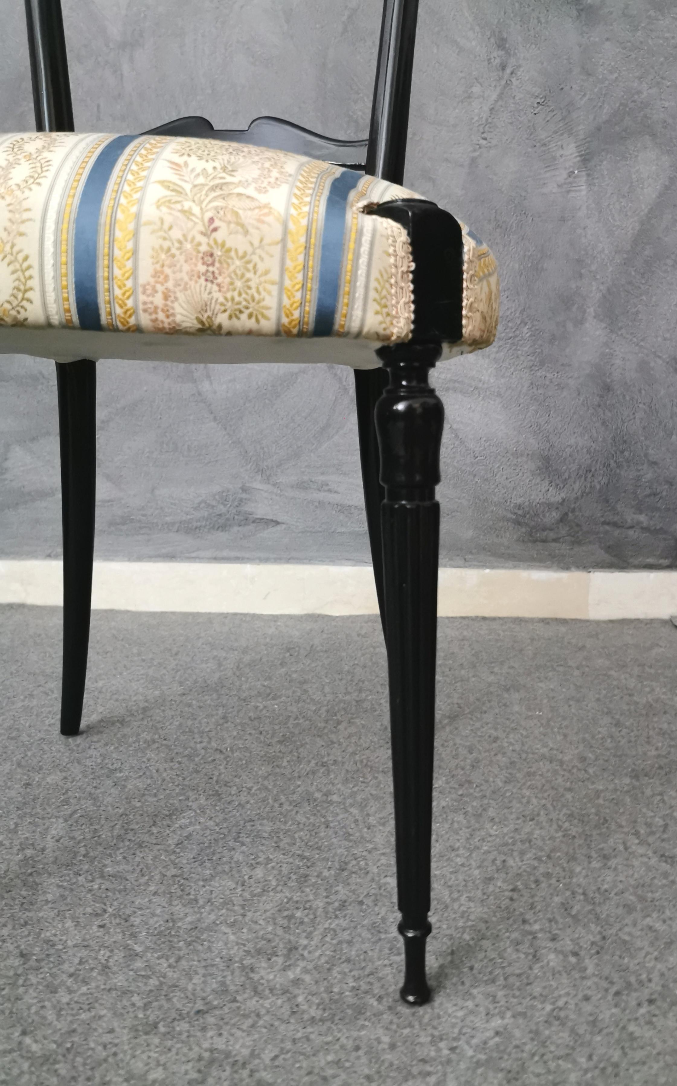 Mid-Century Side Chair Black Wood Damask Fabric Chiavari Italian Design 1950s 2