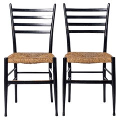 Midcentury Side Chairs in Black Wood with Rush Seat in the Style of Gio Ponti
